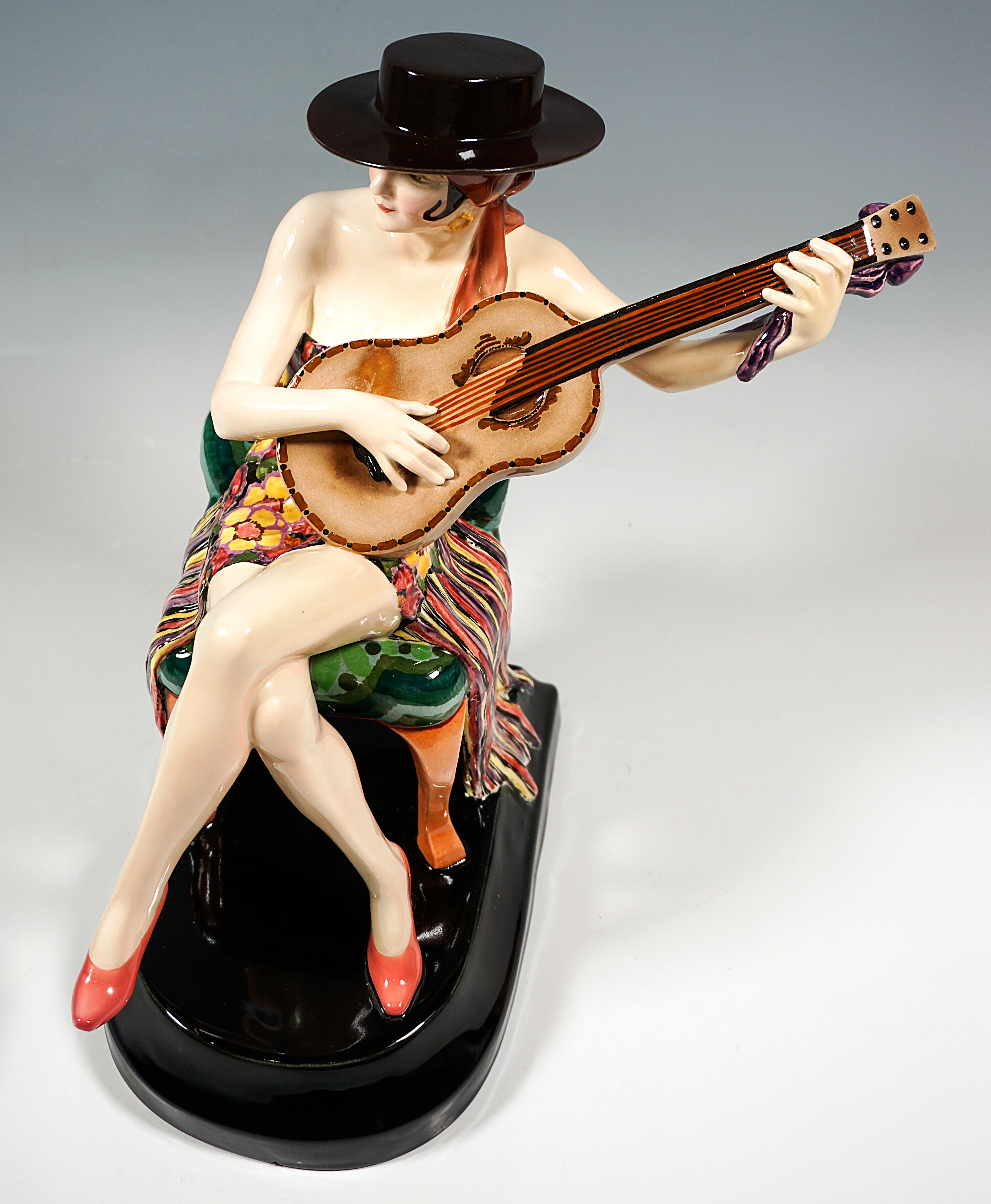 Goldscheider Art Déco Figure, Seated Spanish Dancer With Guitar, Lorenzl, c 1926 In Good Condition In Vienna, AT