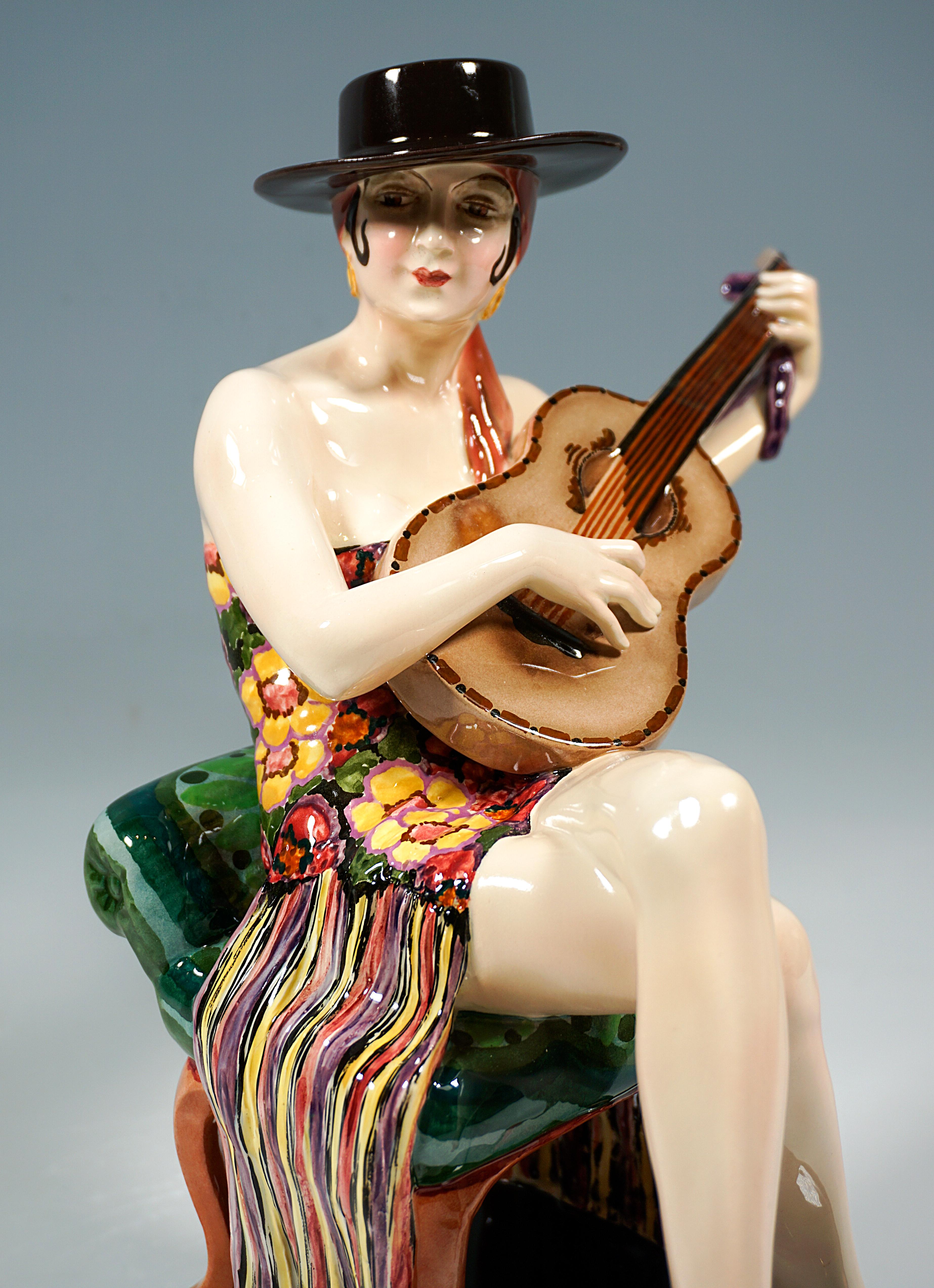 Early 20th Century Goldscheider Art Déco Figure, Seated Spanish Dancer With Guitar, Lorenzl, c 1926