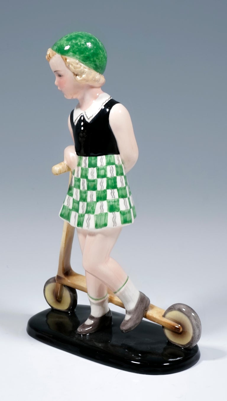 Hand-Crafted Goldscheider Art Déco Figure, 'Triton', Girl with Scooter, by Dakon, Around 1936 For Sale