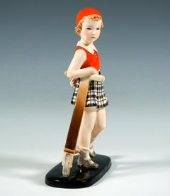 Goldscheider Art Déco Figure, 'Triton', Girl With Scooter, by Dakon, Around 1939