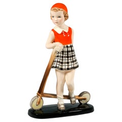 Goldscheider Art Déco Figur, 'Triton', Mädchen mit Motorroller, von Dakon, um 1939