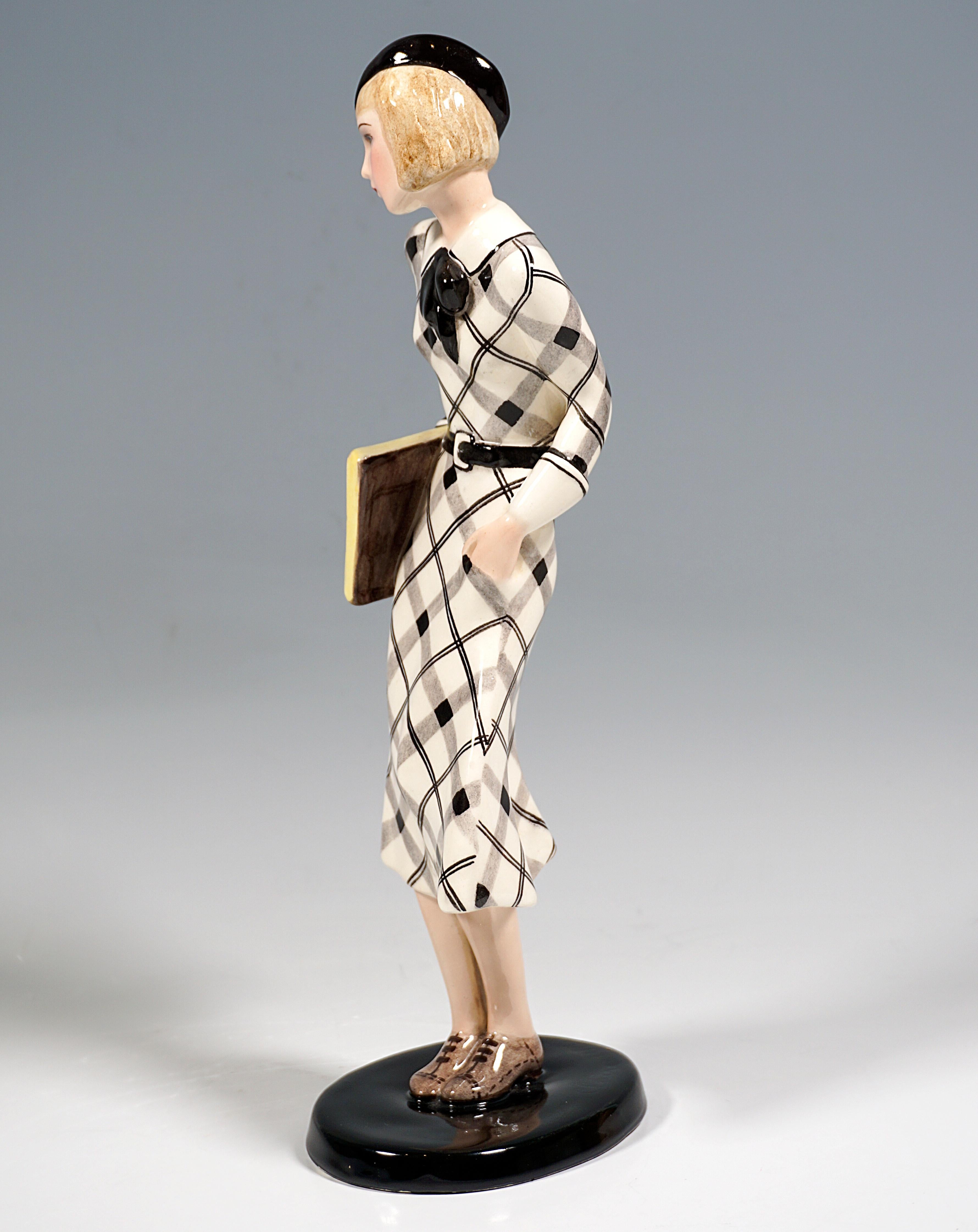 Austrian Goldscheider Art Déco Figurine, Girl With Beret And Folder, Claire Weiss, c 1935