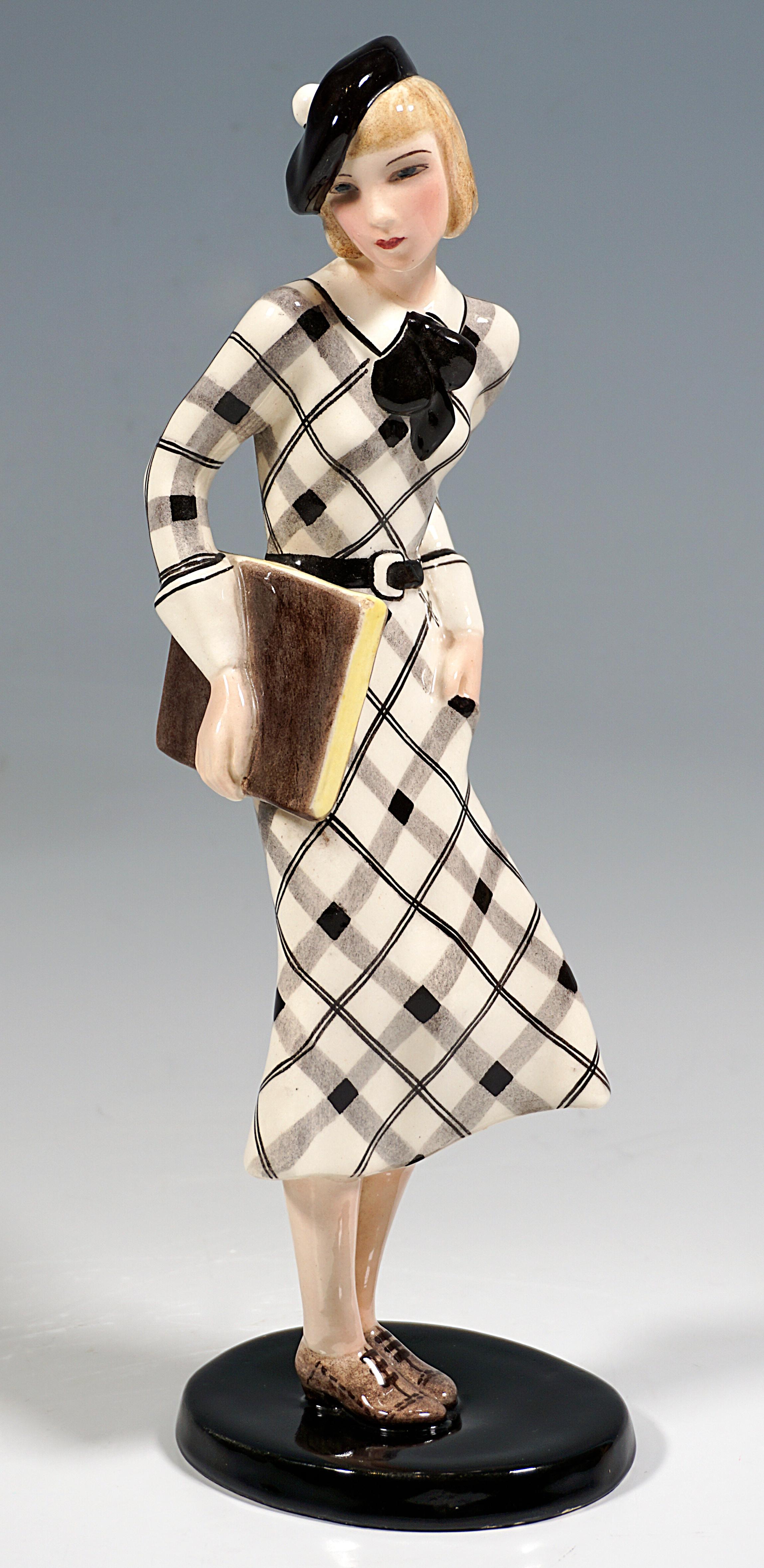 Hand-Crafted Goldscheider Art Déco Figurine, Girl With Beret And Folder, Claire Weiss, c 1935