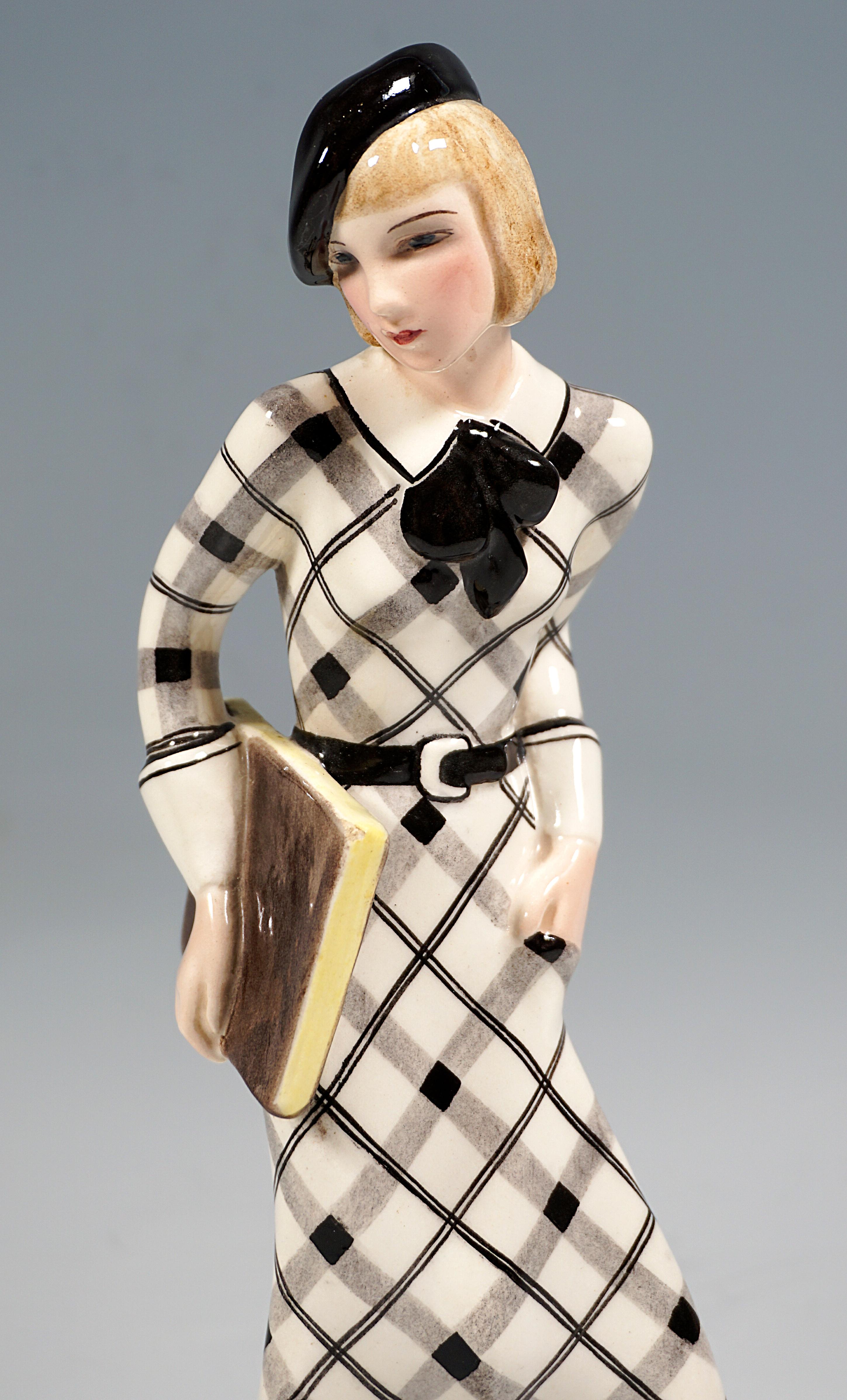 Goldscheider Art Déco Figurine, Girl With Beret And Folder, Claire Weiss, c 1935 In Good Condition In Vienna, AT
