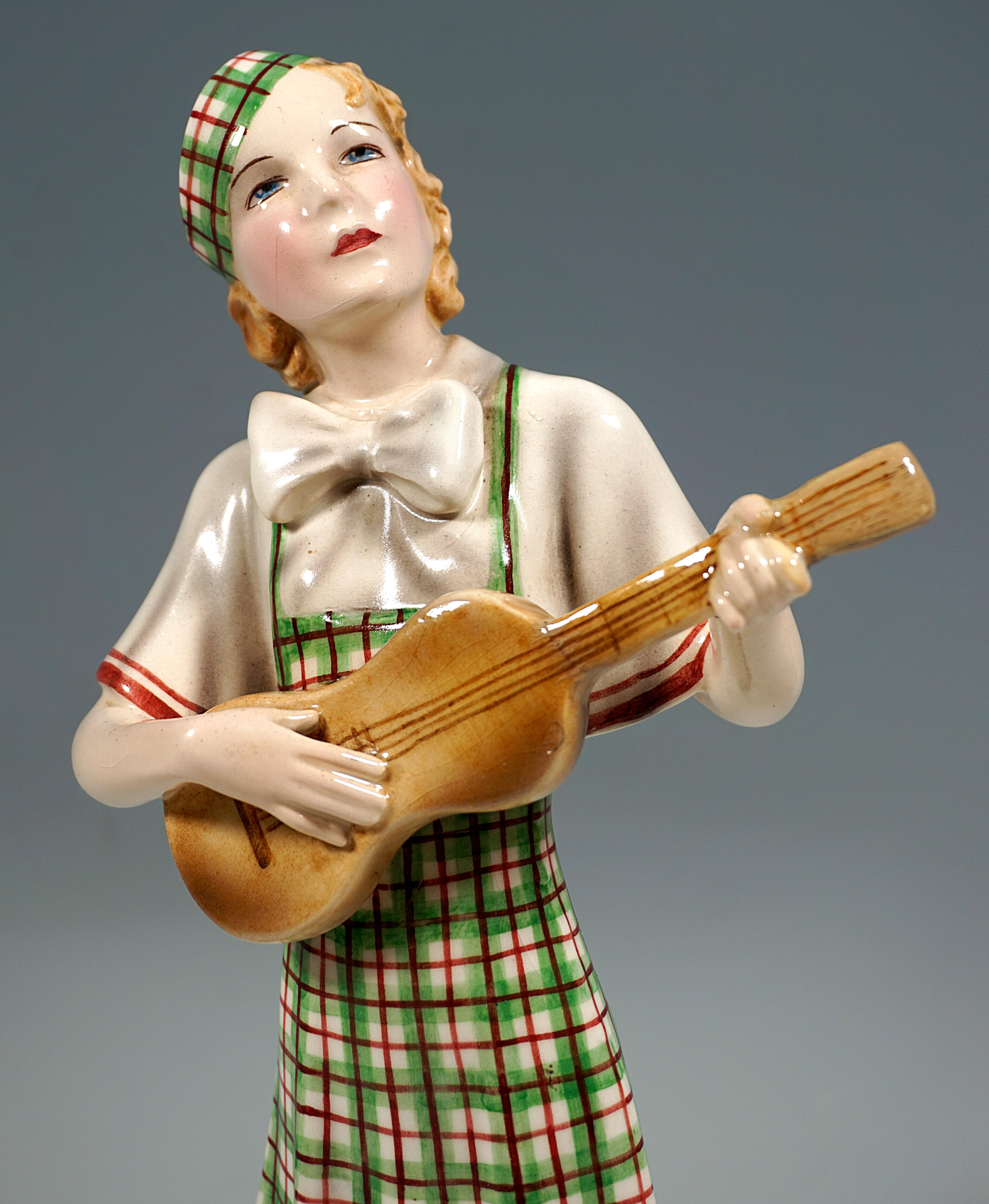Goldscheider Art Déco Figurine, Girl with Ukulele, by Stephan Dakon, Ca 1937 In Good Condition For Sale In Vienna, AT
