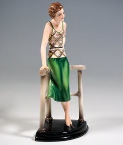 Goldscheider Art Déco Figurine, Lady At The Railing, by Stephan Dakon, ca 1933