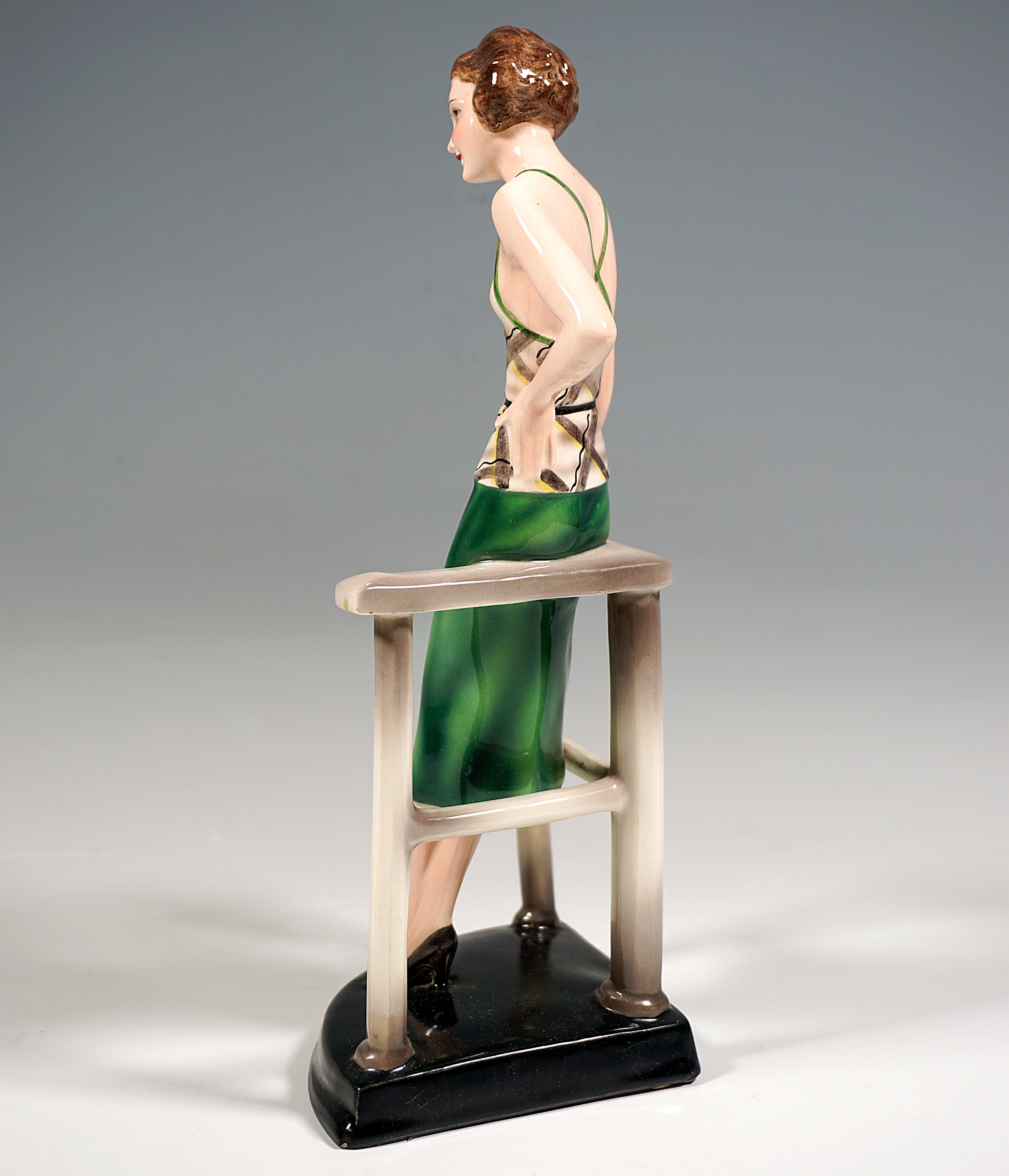 Austrian Goldscheider Art Déco Figurine, Lady At The Railing, by Stephan Dakon, ca 1933