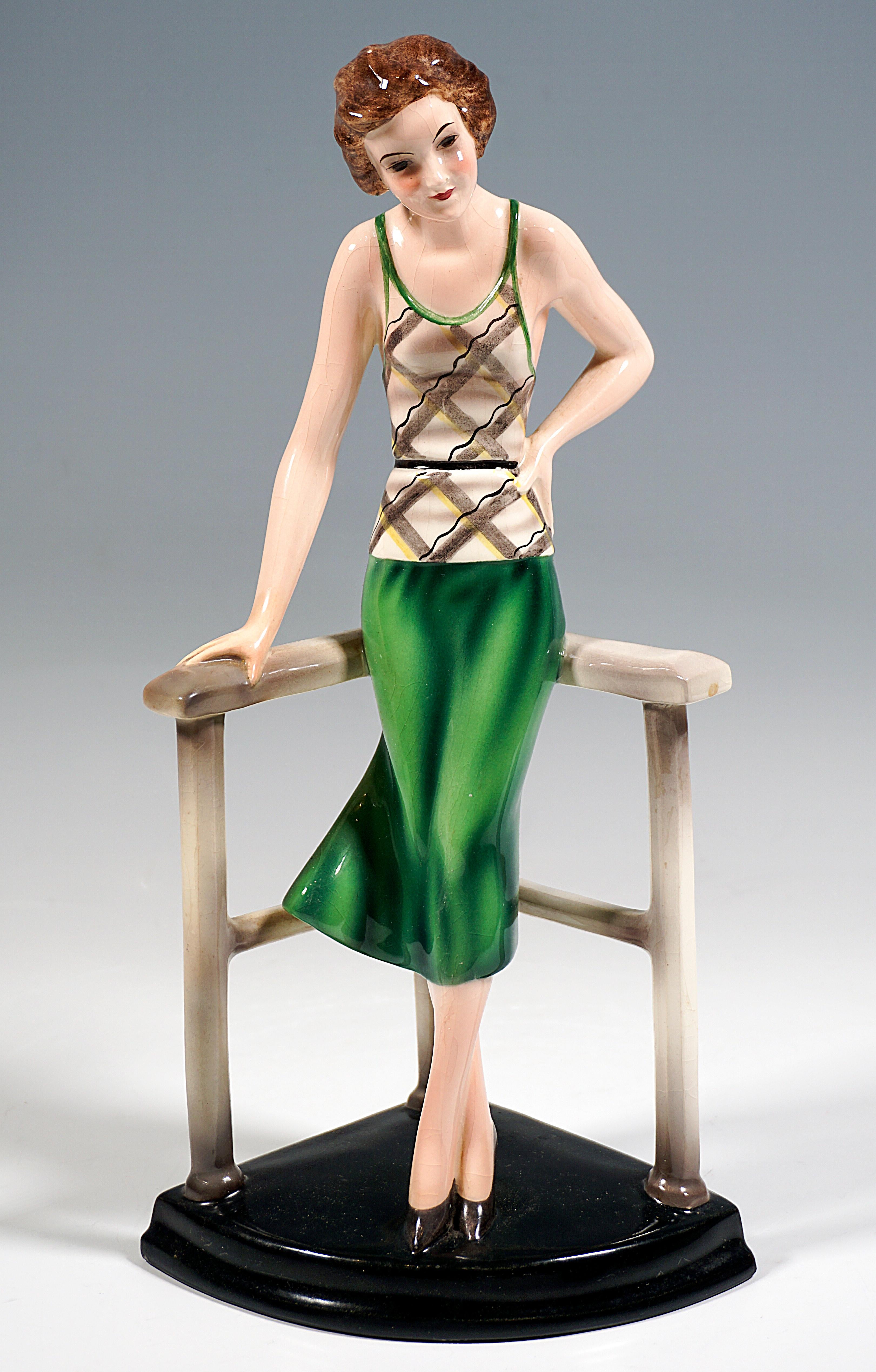 Hand-Crafted Goldscheider Art Déco Figurine, Lady At The Railing, by Stephan Dakon, ca 1933