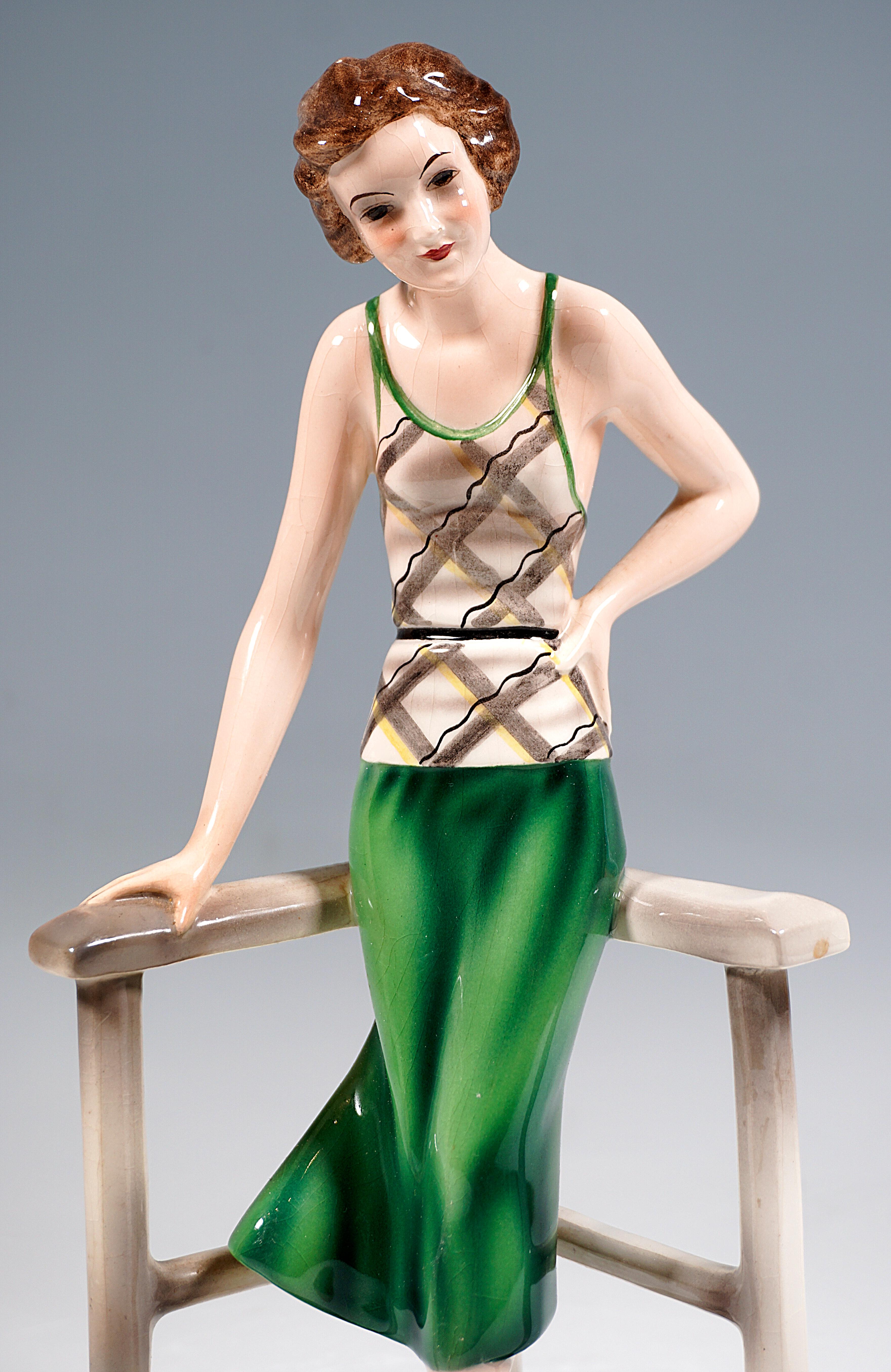 Goldscheider Art Déco Figurine, Lady At The Railing, by Stephan Dakon, ca 1933 In Good Condition In Vienna, AT