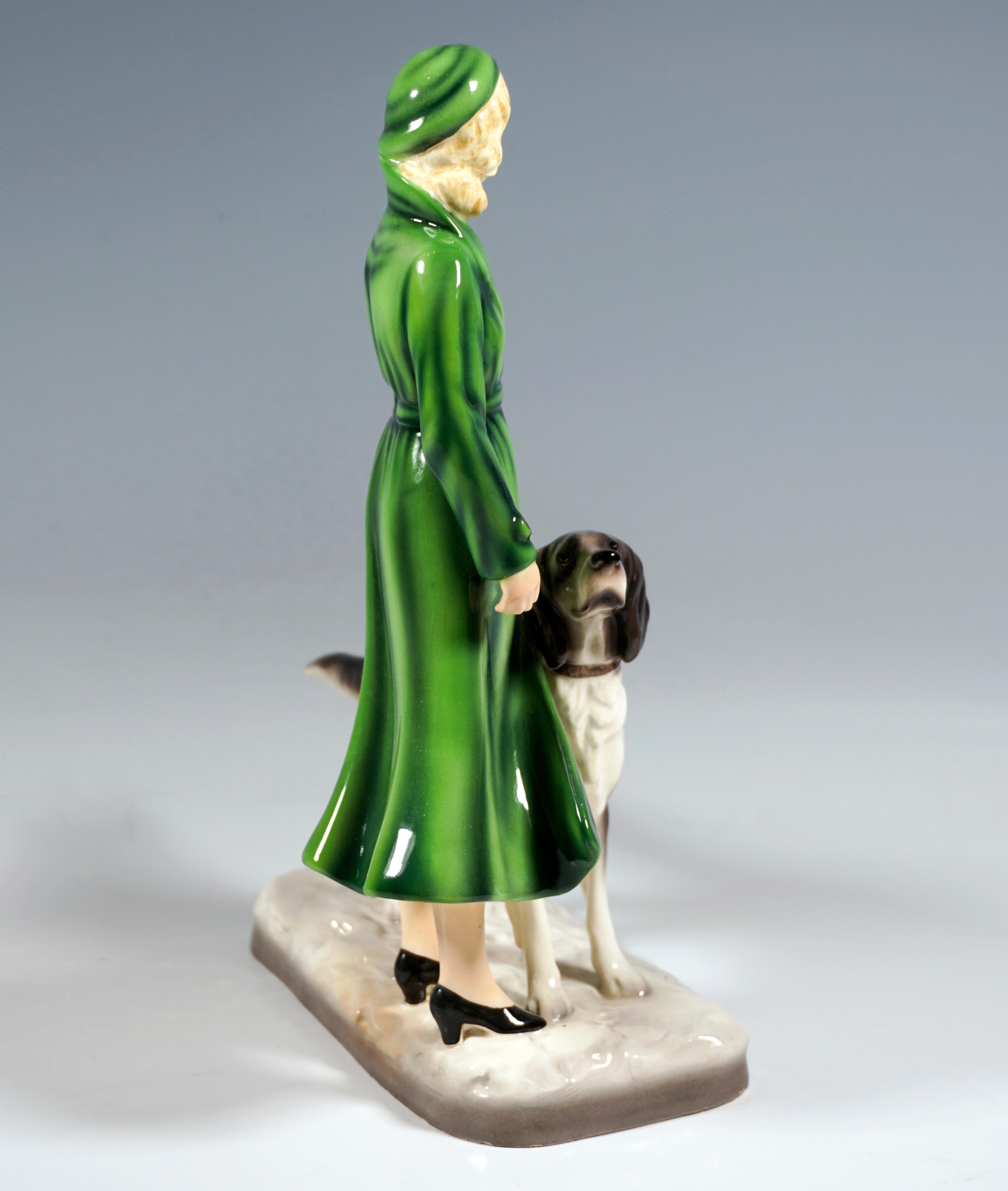 Austrian Goldscheider Art Déco Figurine, Lady In Coat With Setter, by Stephan Dakon, 1933 For Sale