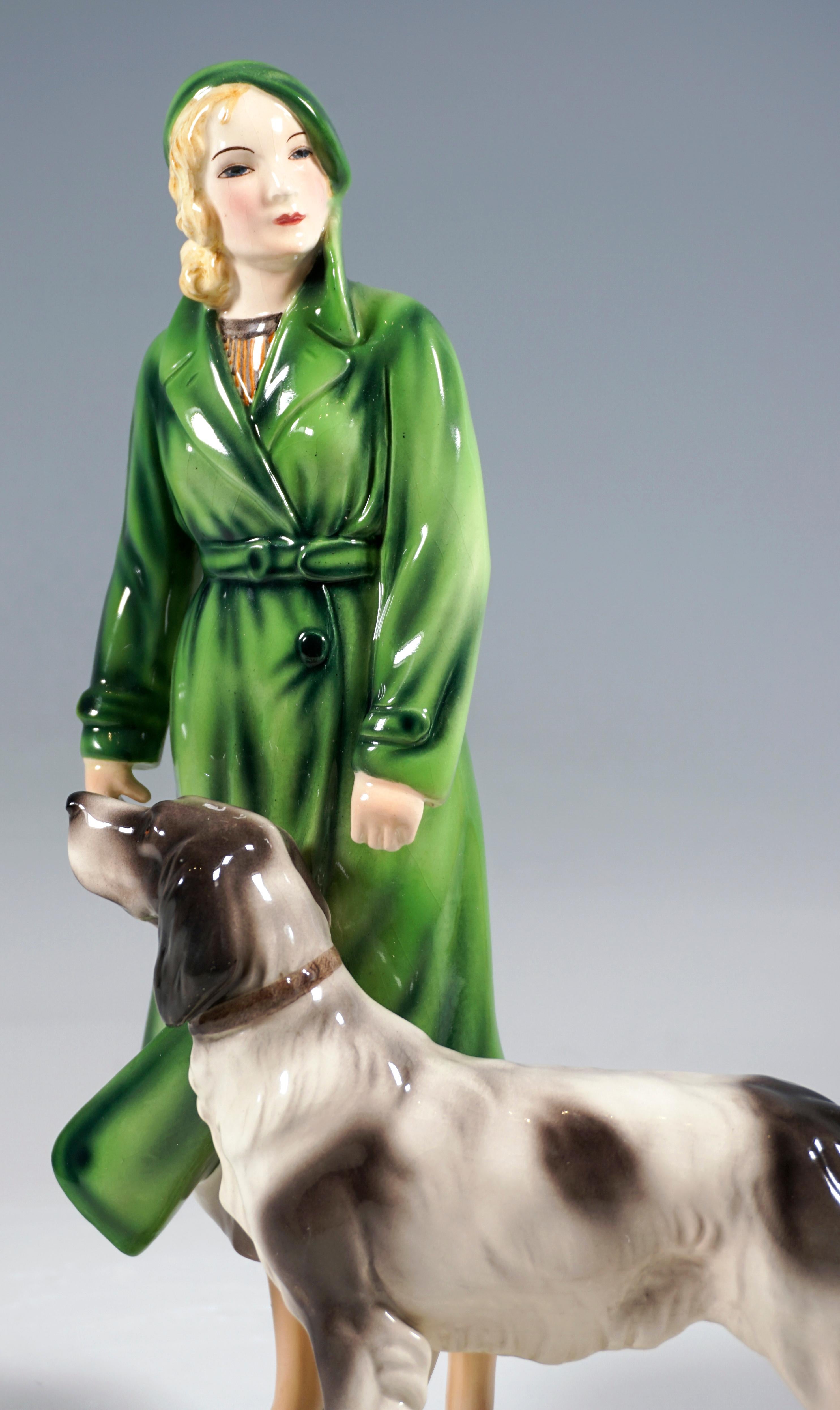 Hand-Crafted Goldscheider Art Déco Figurine, Lady In Coat With Setter, by Stephan Dakon, 1933 For Sale