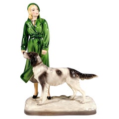 Goldscheider Art Déco Figurine, Lady In Coat With Setter, by Stephan Dakon, 1933