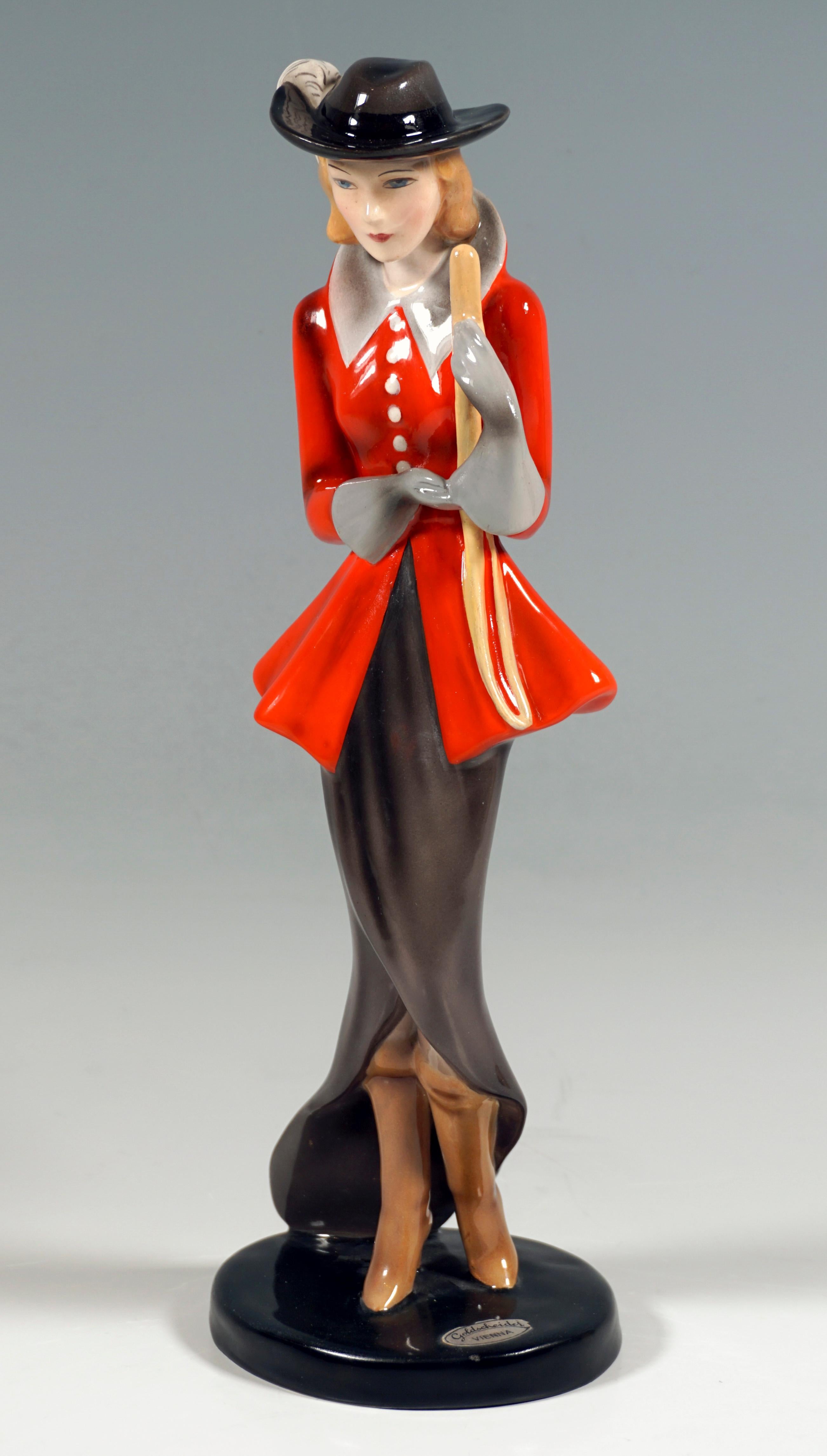 Hand-Painted Goldscheider Art Deco Figurine, Lady in Riding Costume, by Claire Weiss, ca 1937 For Sale