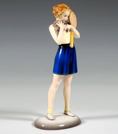 Goldscheider Art Déco Figurine 'Tennis' Girl Holding Balls, Dakon, Vienna c 1939