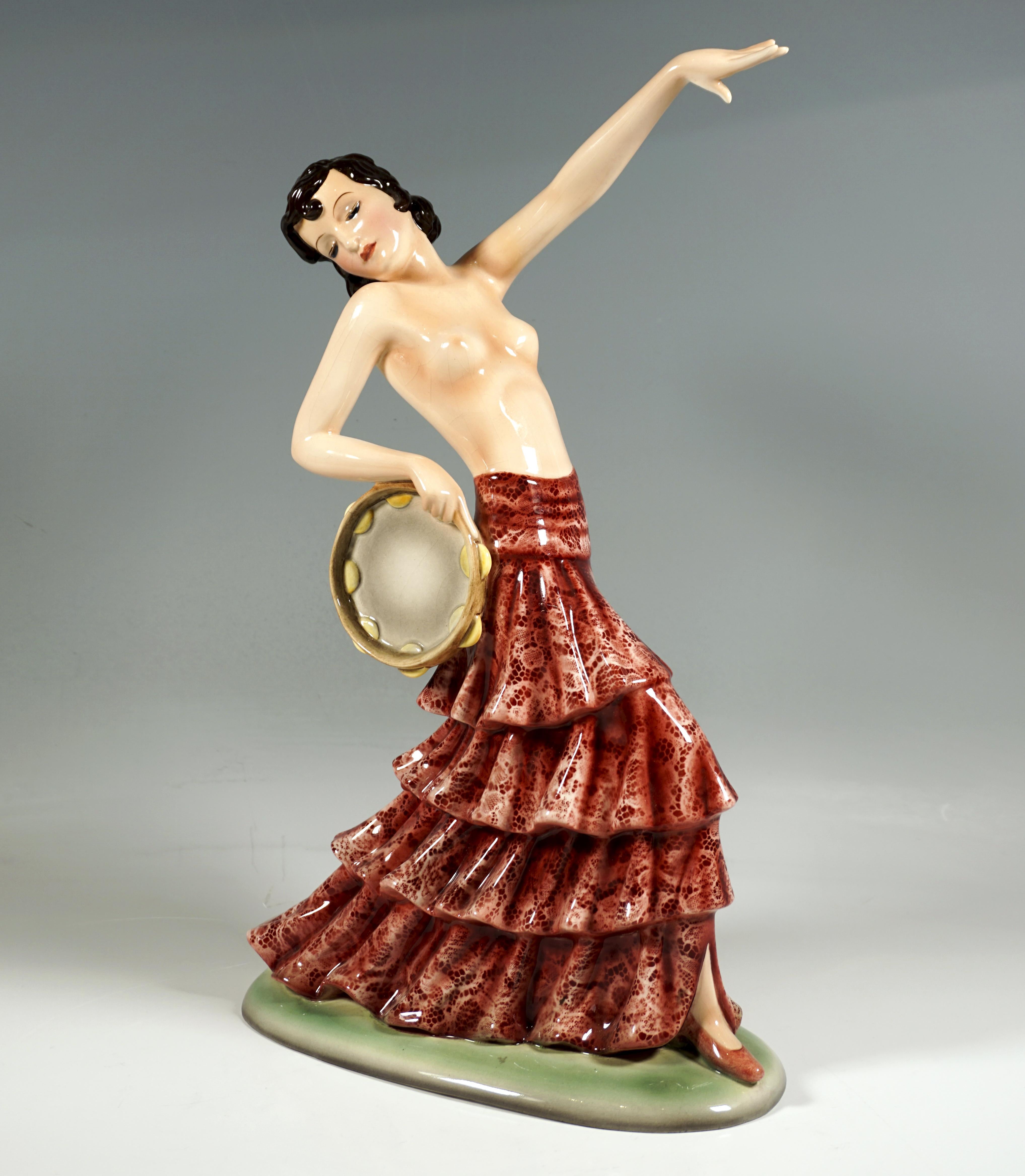 Austrian Goldscheider Art Déco Flamenco Dancer with Tambourine, by Stephan Dakon, ca 1933