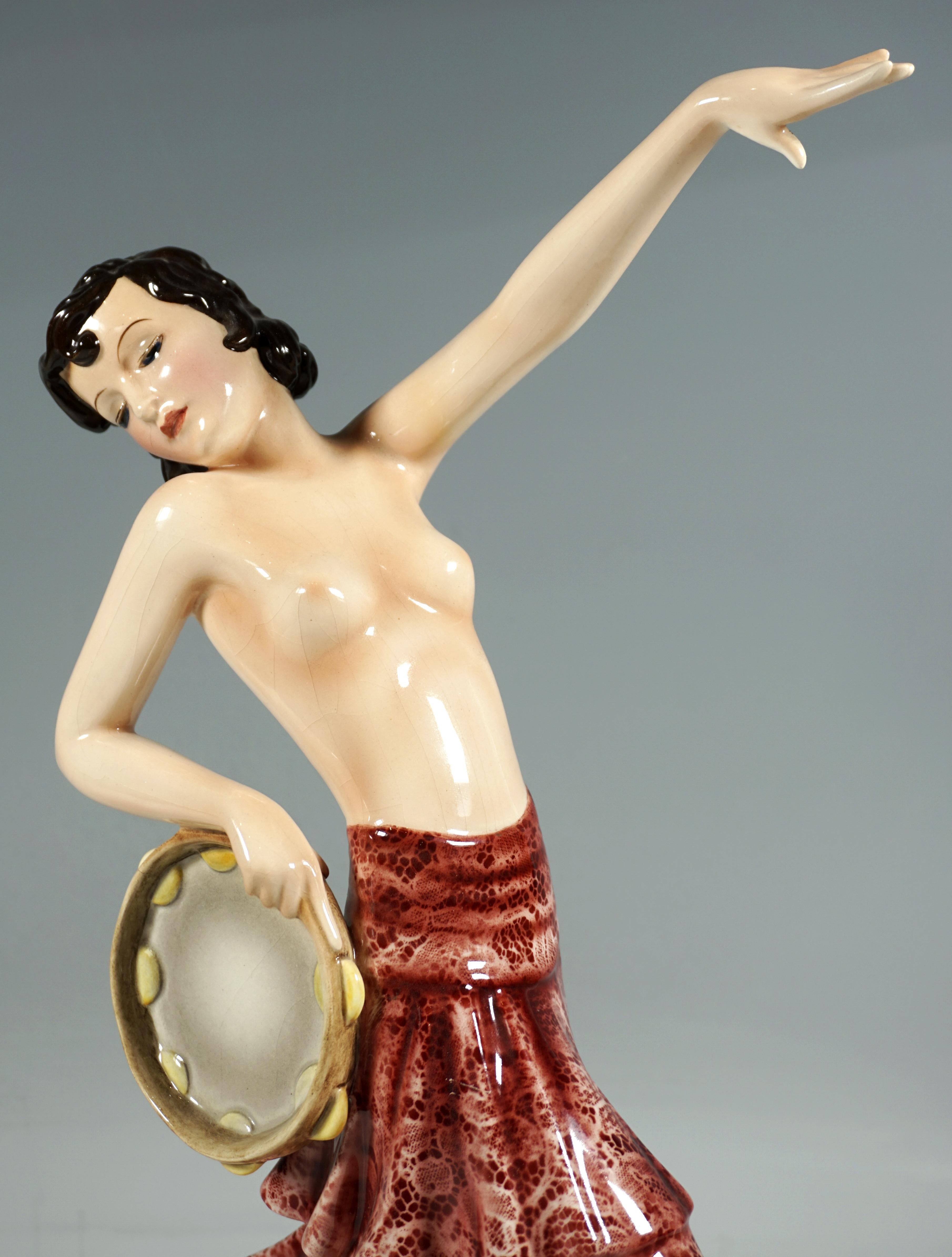 Hand-Crafted Goldscheider Art Déco Flamenco Dancer with Tambourine, by Stephan Dakon, ca 1933