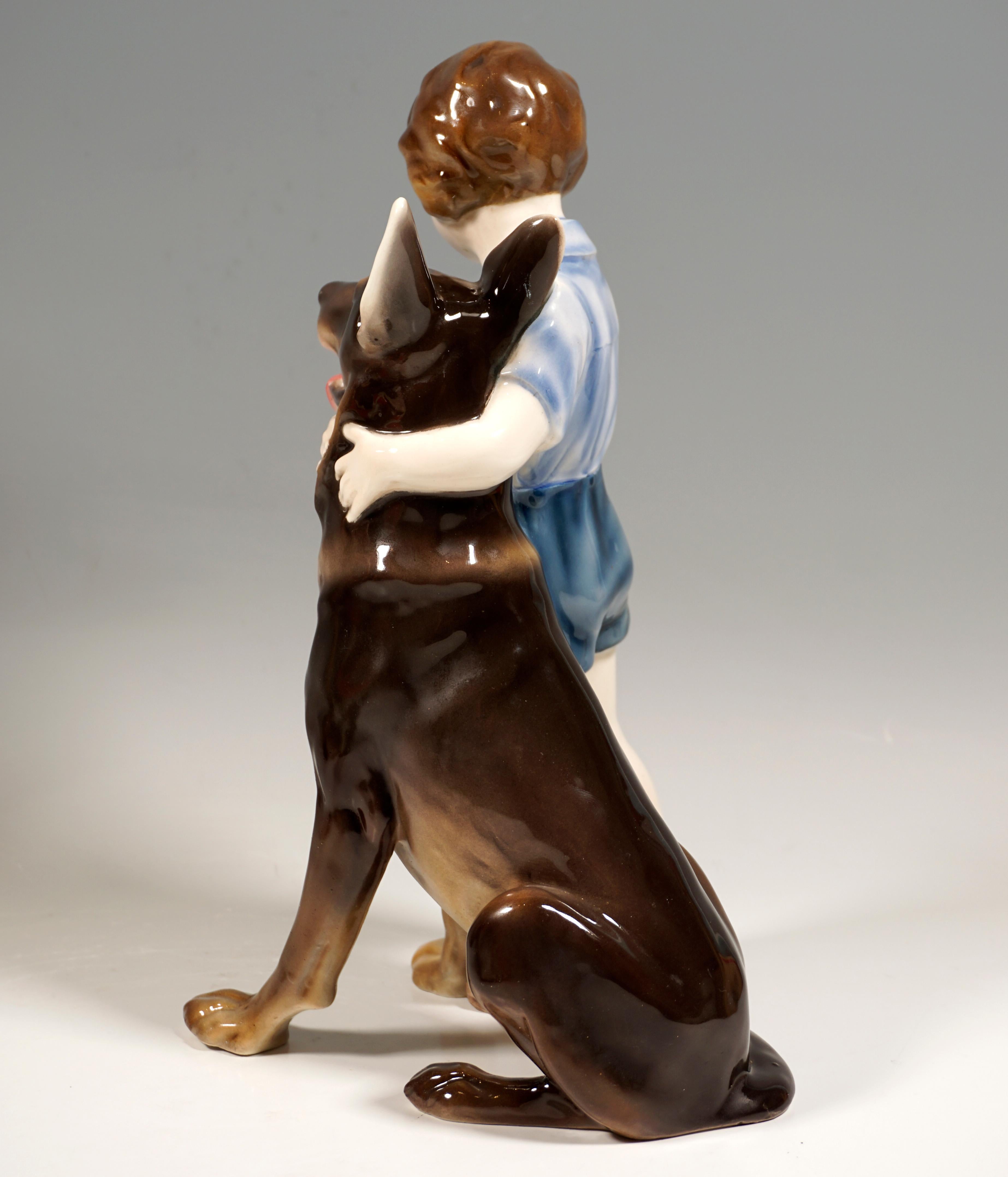 Hand-Crafted Goldscheider Art Deco Group, Girl with Shepherd Dog, Lorenzl and Postl, ca 1930