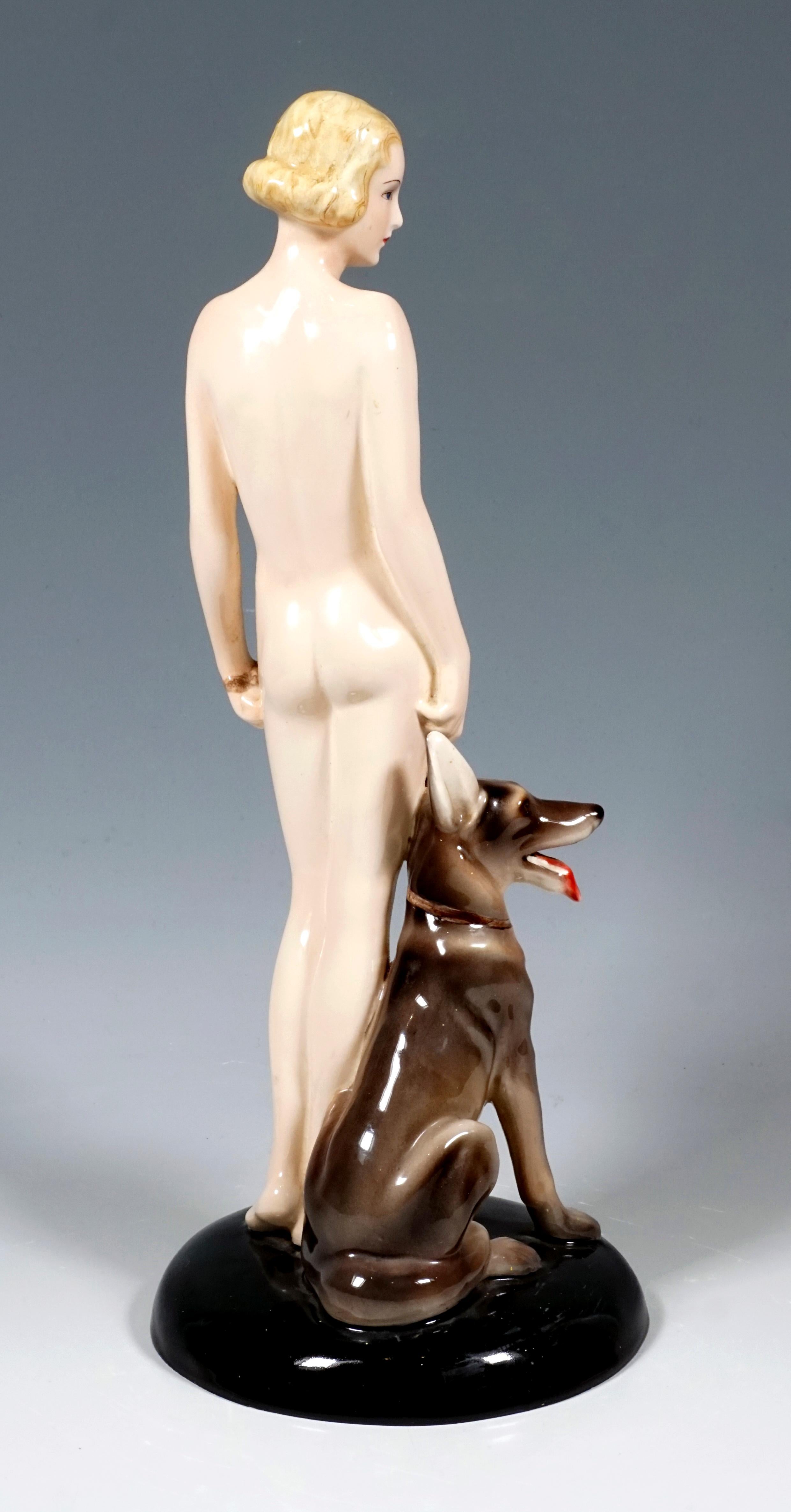 Austrian Goldscheider Art Deco Group Nude with Shepherd Dog, Lorenzl and Postl, ca 1935 For Sale