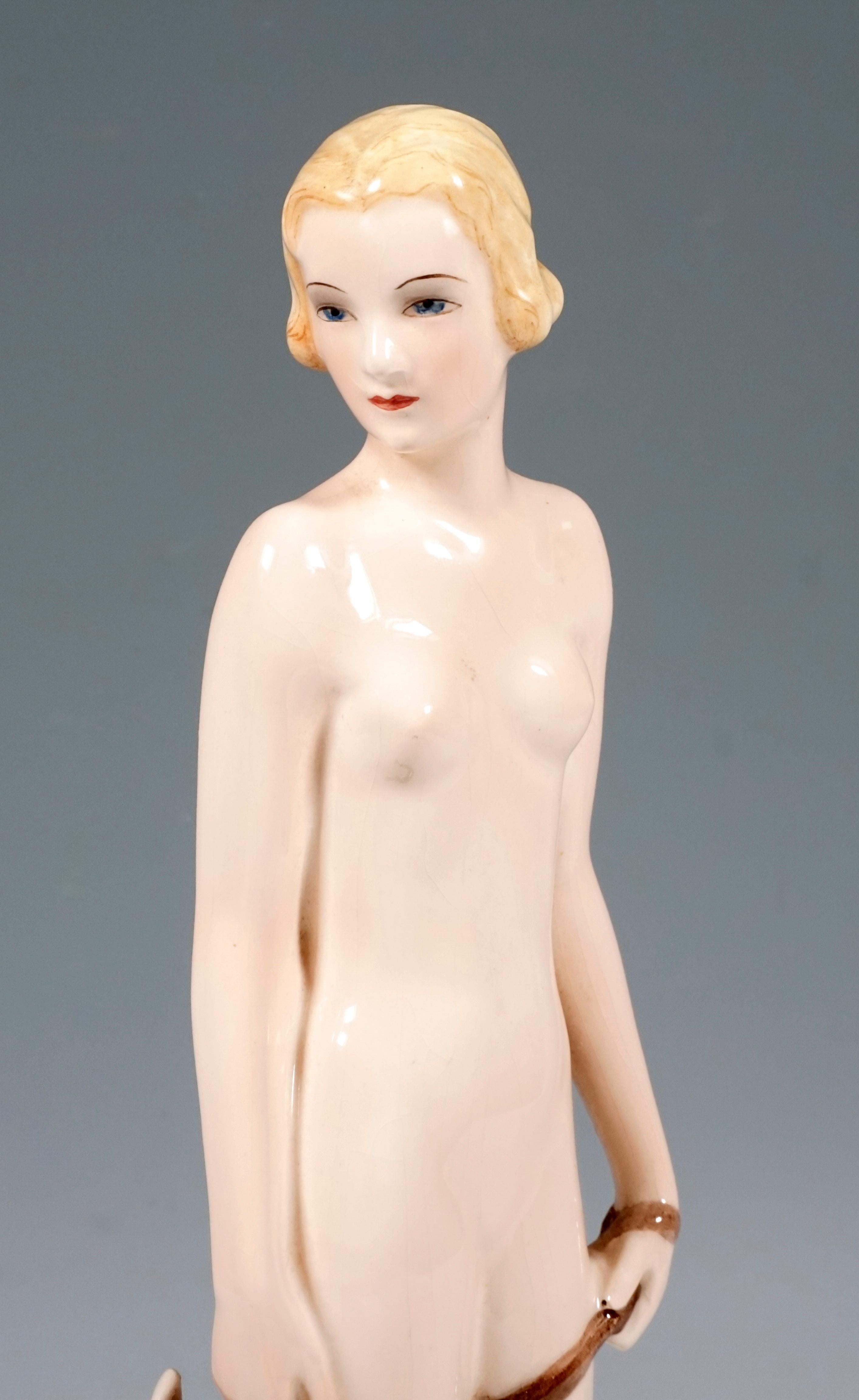 Hand-Painted Goldscheider Art Deco Group Nude with Shepherd Dog, Lorenzl and Postl, ca 1935 For Sale