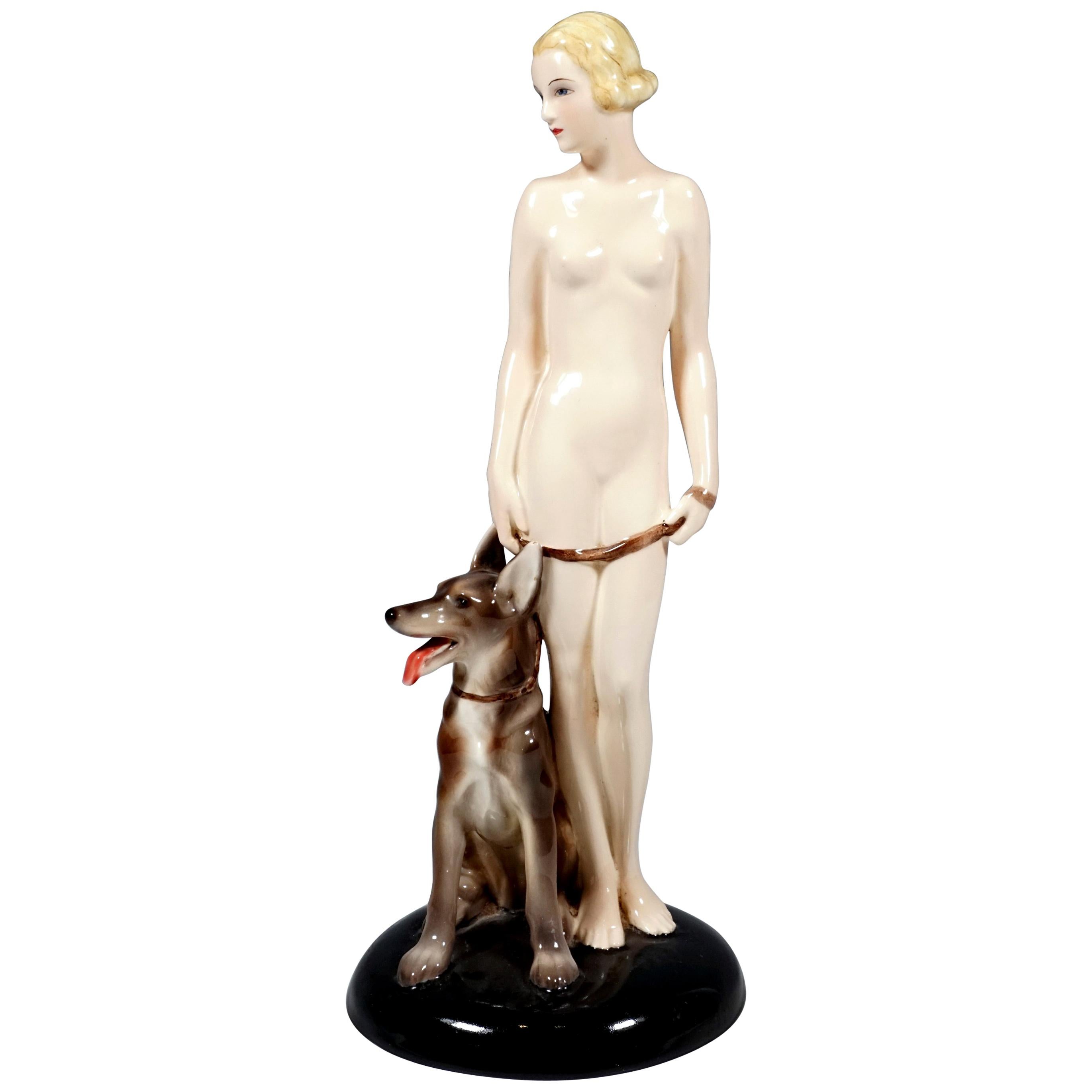 Goldscheider Art Deco Group Nude with Shepherd Dog, Lorenzl and Postl, ca 1935 For Sale