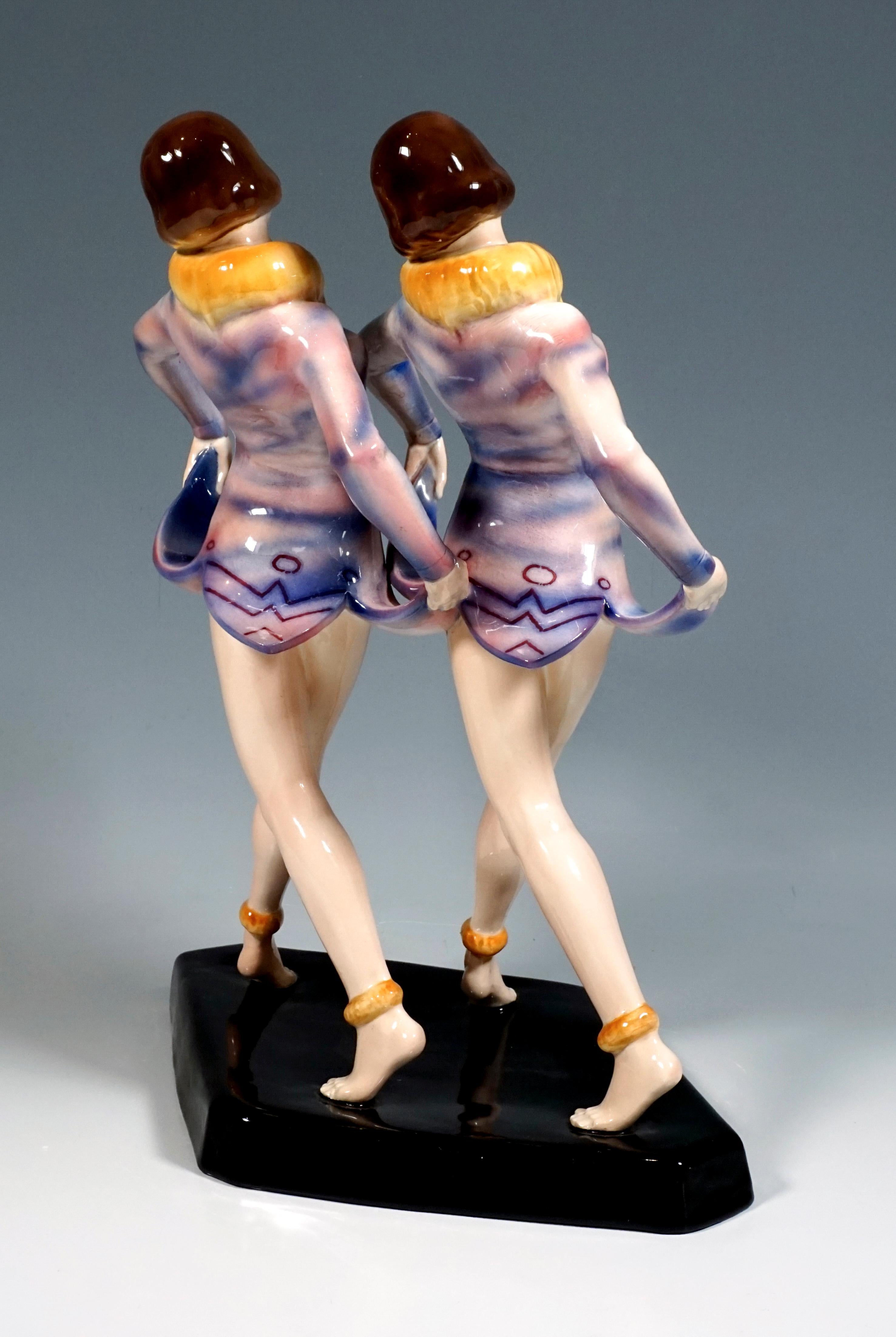 Austrian Goldscheider Art Deco Group 'Revue', the 'Dolly Sisters', by Stephan Dakon