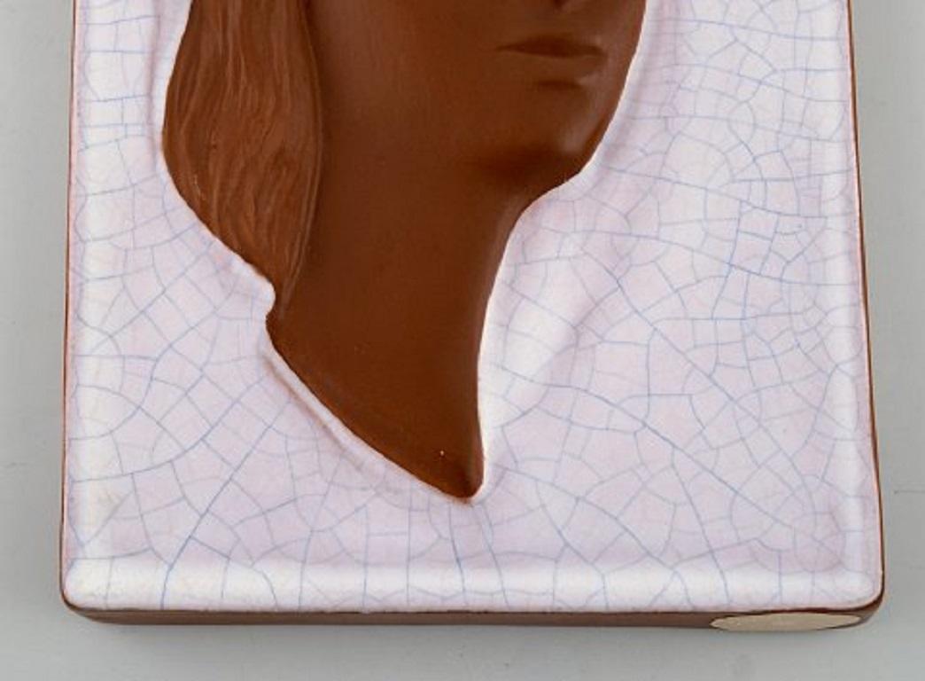 Austrian Goldscheider Art Deco Relief in Glazed Ceramics with Woman's Face, Austria, 1950 For Sale