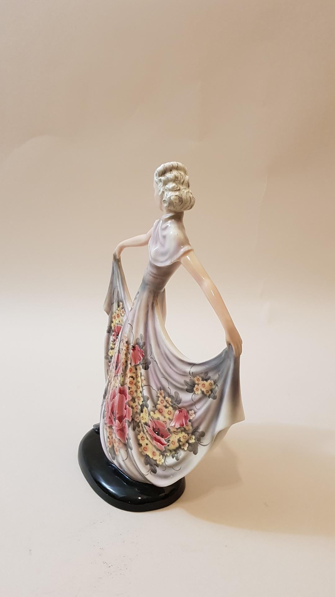 Austrian Goldscheider Austria Art Deco Sculpture Floral Dress Lady Susette Ceramic , 1937 For Sale