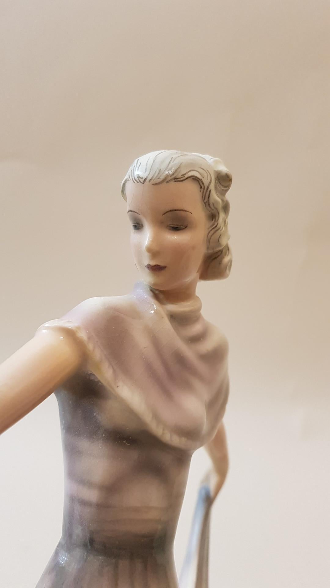 Mid-20th Century Goldscheider Austria Art Deco Sculpture Floral Dress Lady Susette Ceramic , 1937 For Sale