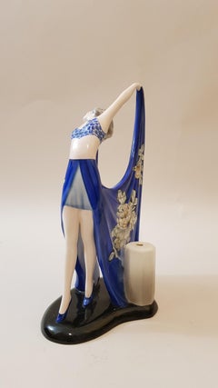 Goldscheider Dakon Stephan Germany Beauty Ceramic Blue Wing Dancer Lamp, 1935