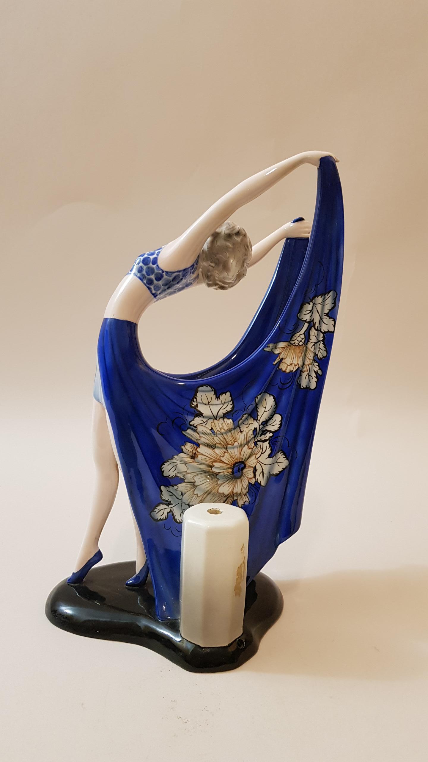 Art Deco Goldscheider Dakon Stephan Germany Beauty Ceramic Blue Wing Dancer Lamp, 1935 For Sale