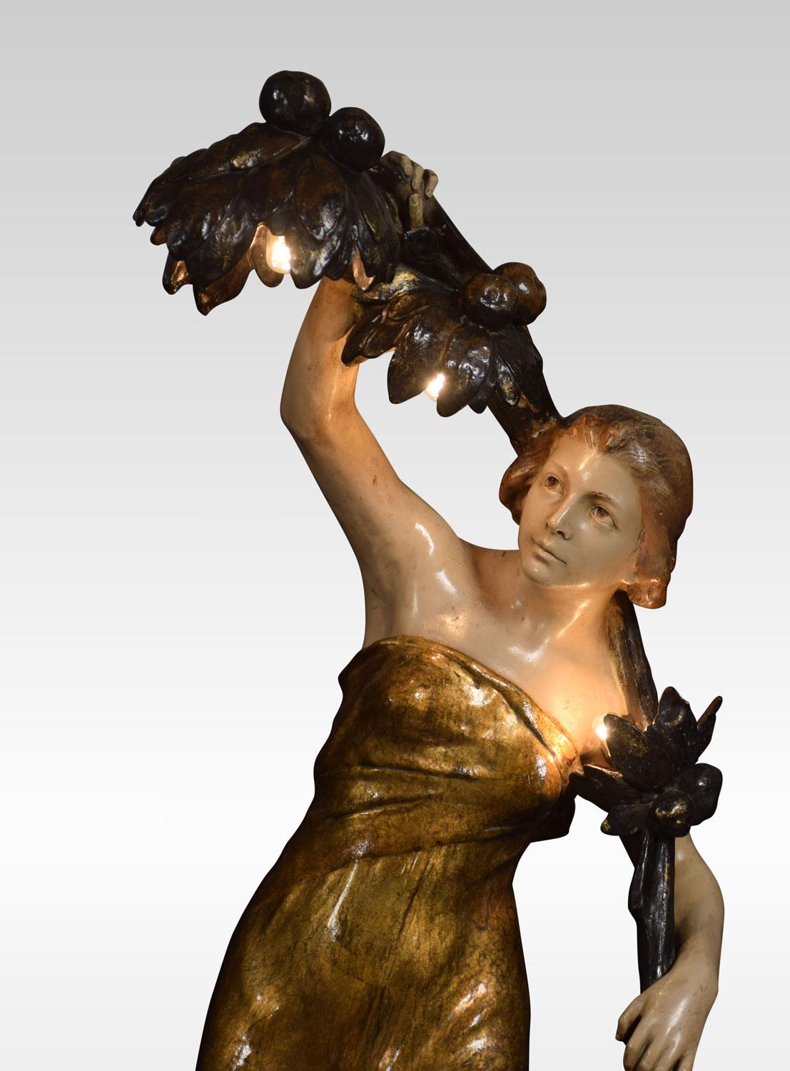 Friedrich Goldscheider, large Art Nouveau figural floor lamp. Modelled as a maiden holding an oversized flower stem over her shoulder, stamped to the base.
Dimensions:
Height 36 inches
Width 12 inches
Depth 19 inches.