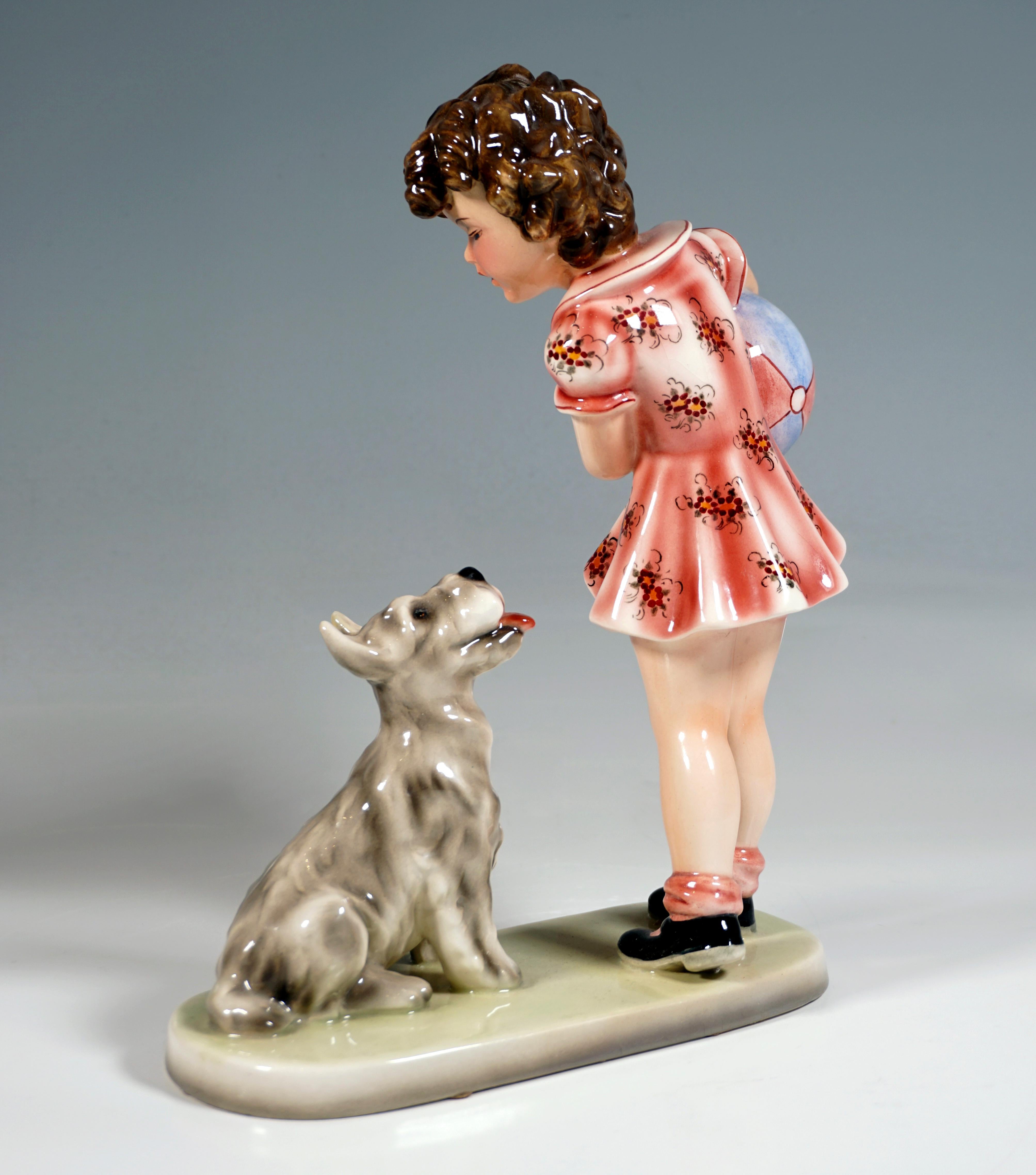 Art Deco Goldscheider Figurine, Girl with Ball and Terrier by Germaine Bouret, 1937