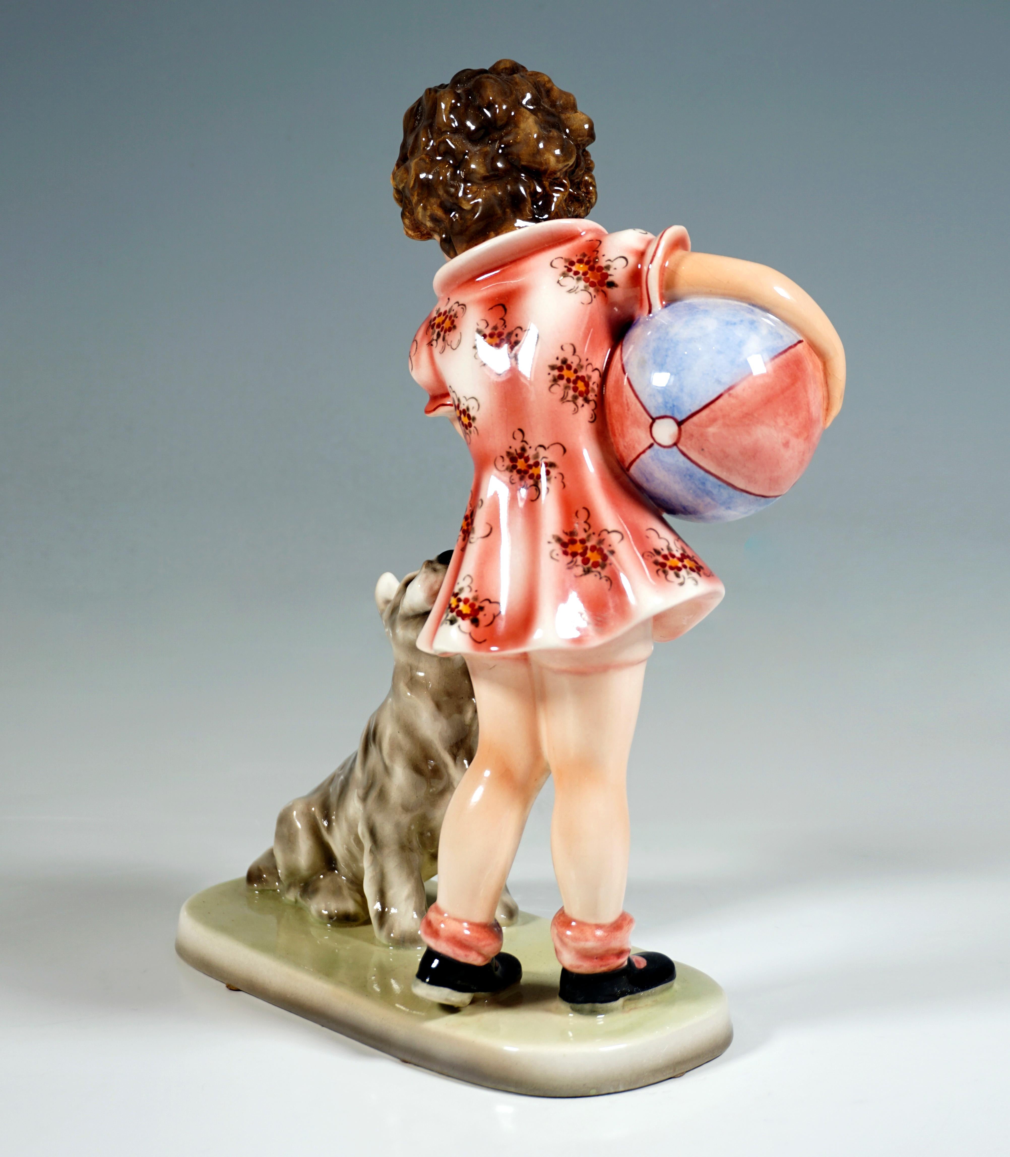 Austrian Goldscheider Figurine, Girl with Ball and Terrier by Germaine Bouret, 1937