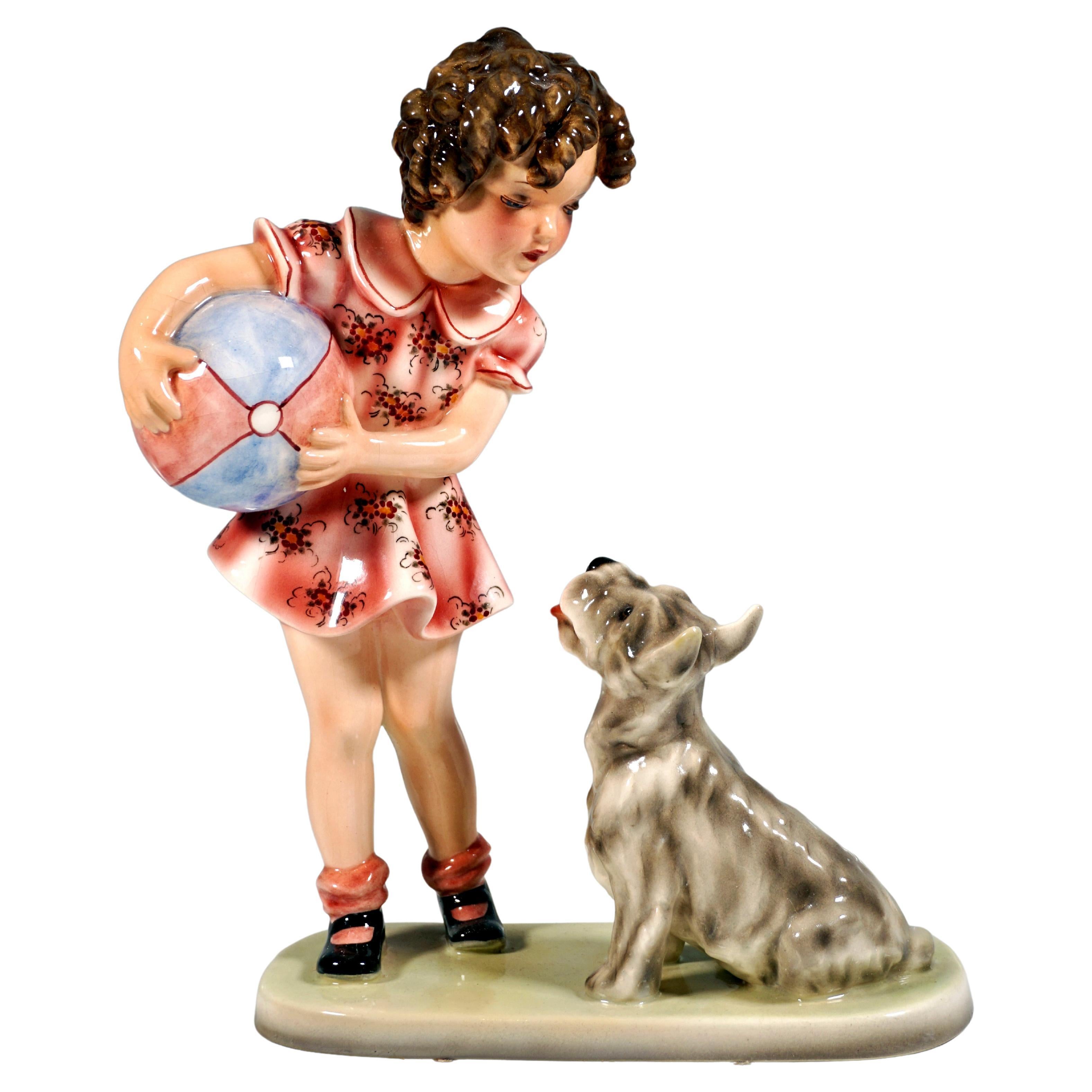 Goldscheider Figurine, Girl with Ball and Terrier by Germaine Bouret, 1937