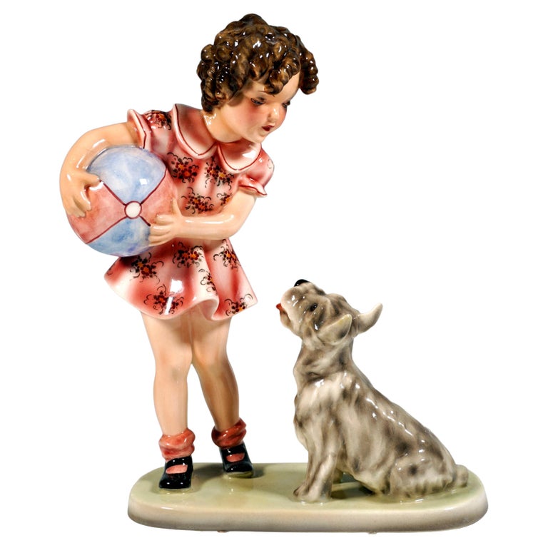 Goldscheider Figurine, Girl with Ball and Terrier by Germaine Bouret, 1937