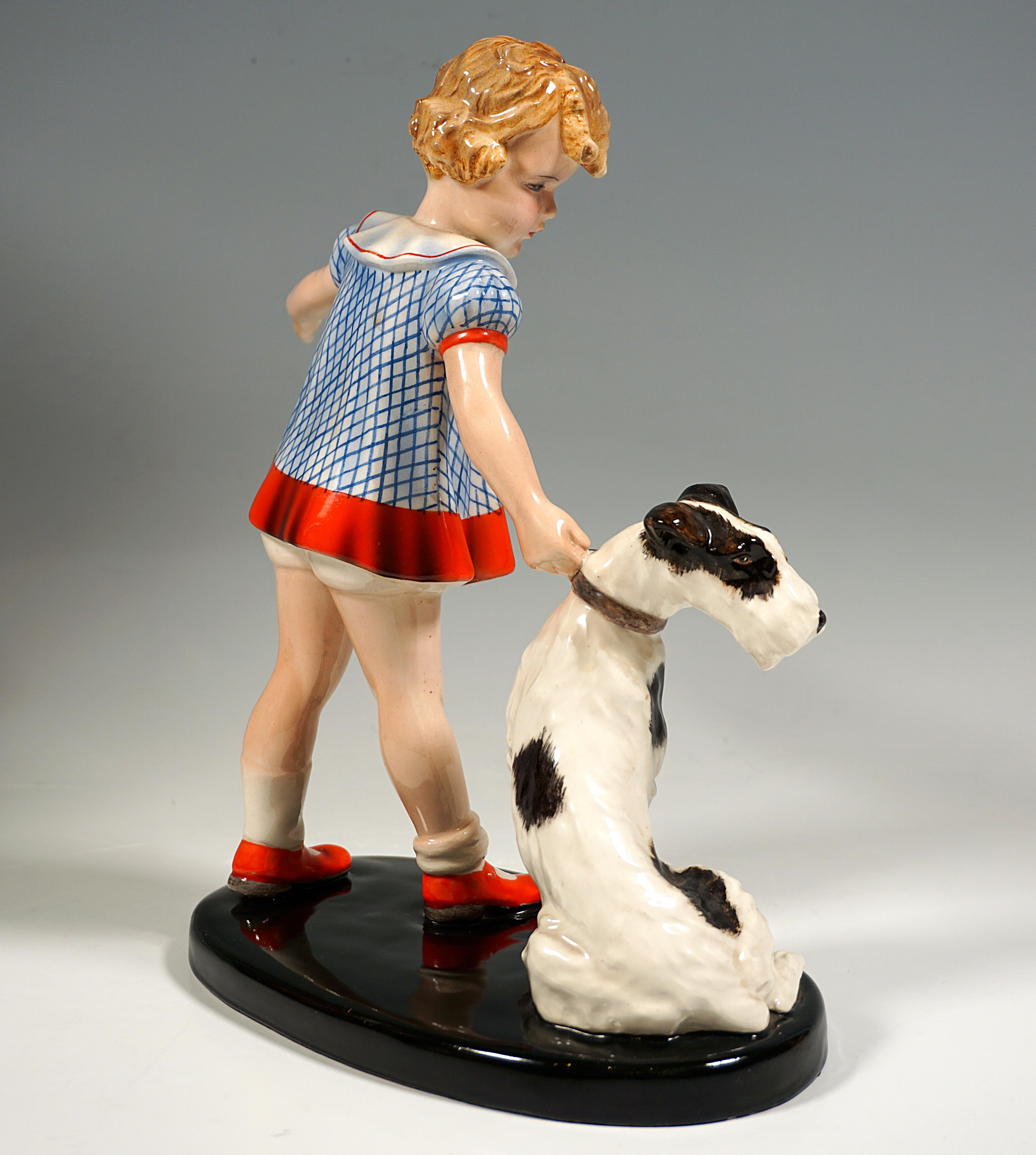 Art Deco Goldscheider Figurine Group, Girl With Fox Terrier, by Germaine Bouret, 1938 For Sale