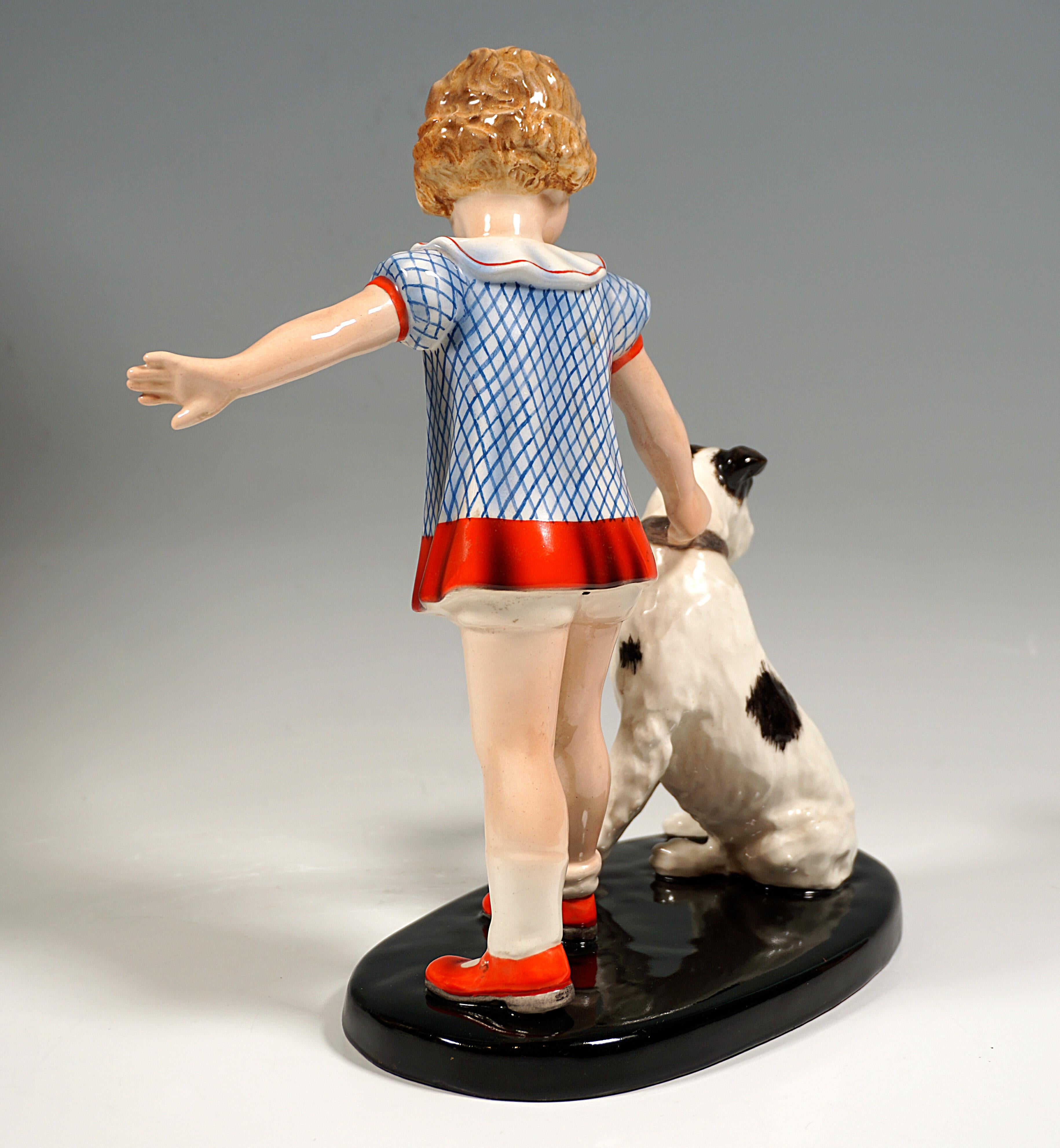 Austrian Goldscheider Figurine Group, Girl With Fox Terrier, by Germaine Bouret, 1938 For Sale
