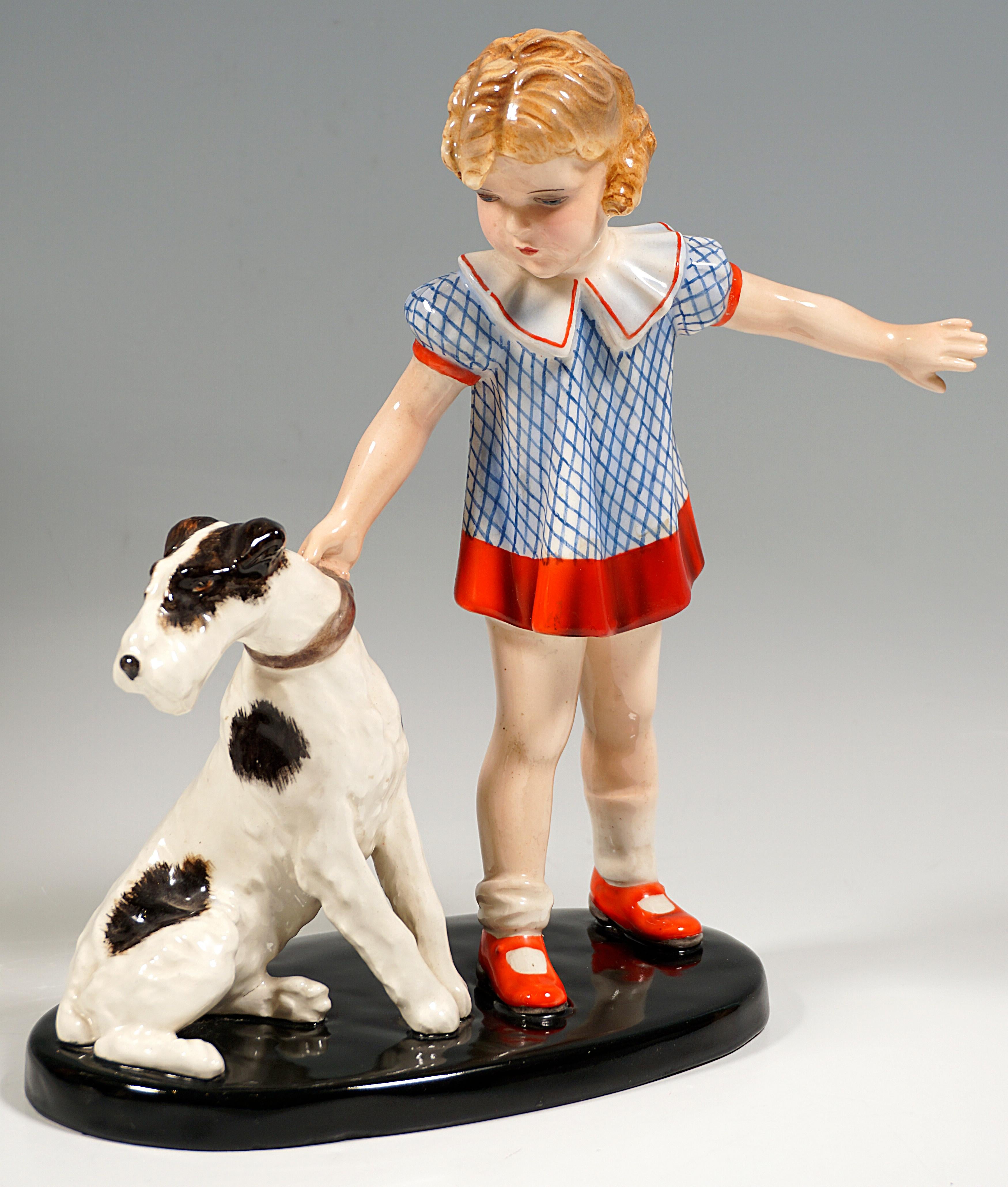 Hand-Crafted Goldscheider Figurine Group, Girl With Fox Terrier, by Germaine Bouret, 1938 For Sale
