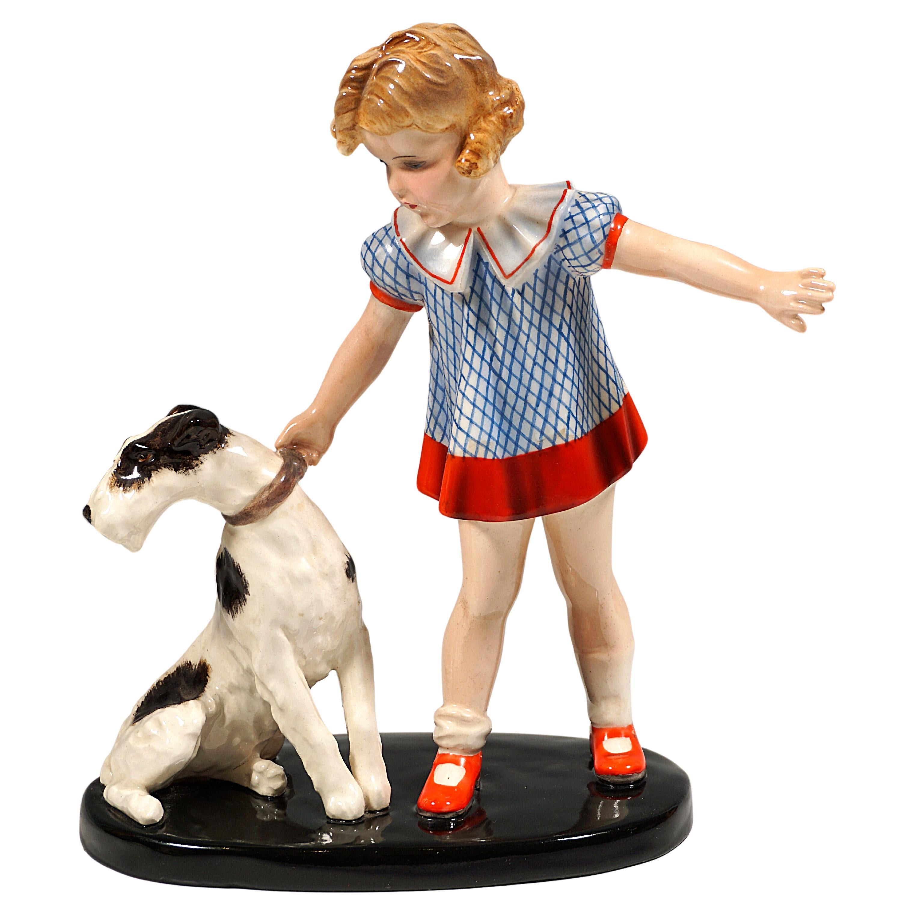 Goldscheider Figurine Group, Girl With Fox Terrier, by Germaine Bouret, 1938