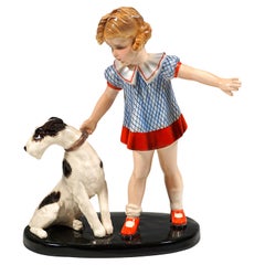 Goldscheider Figurine Group, Girl With Fox Terrier, by Germaine Bouret, 1938