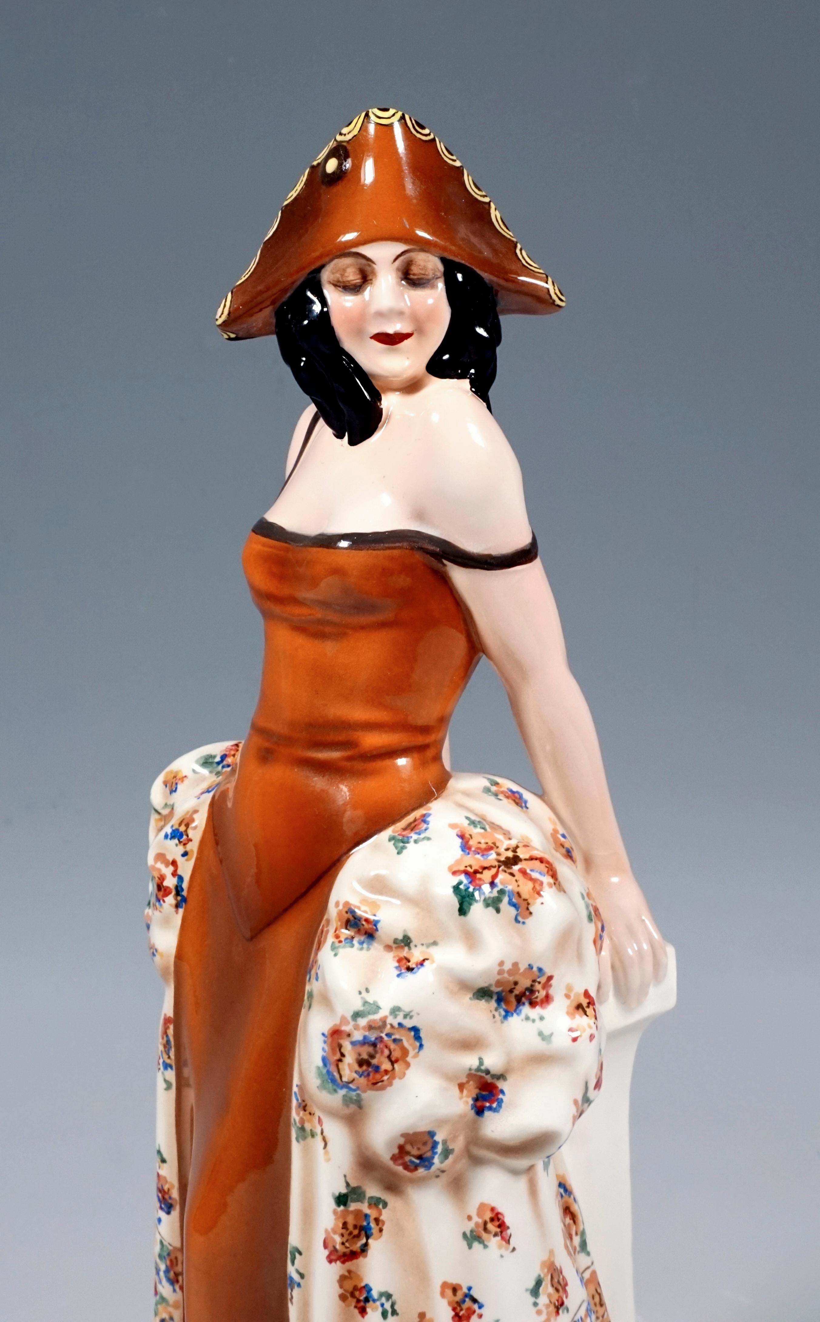 Austrian Goldscheider Figurine Lady In Carnival Costume With Tricorn, Lorenzl, ca 1925