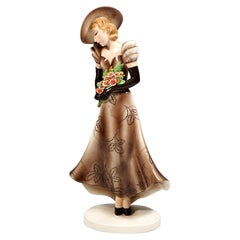 Goldscheider Figurine, Lady with Wide Hat and Roses, by Claire Weiss, Ca 1935