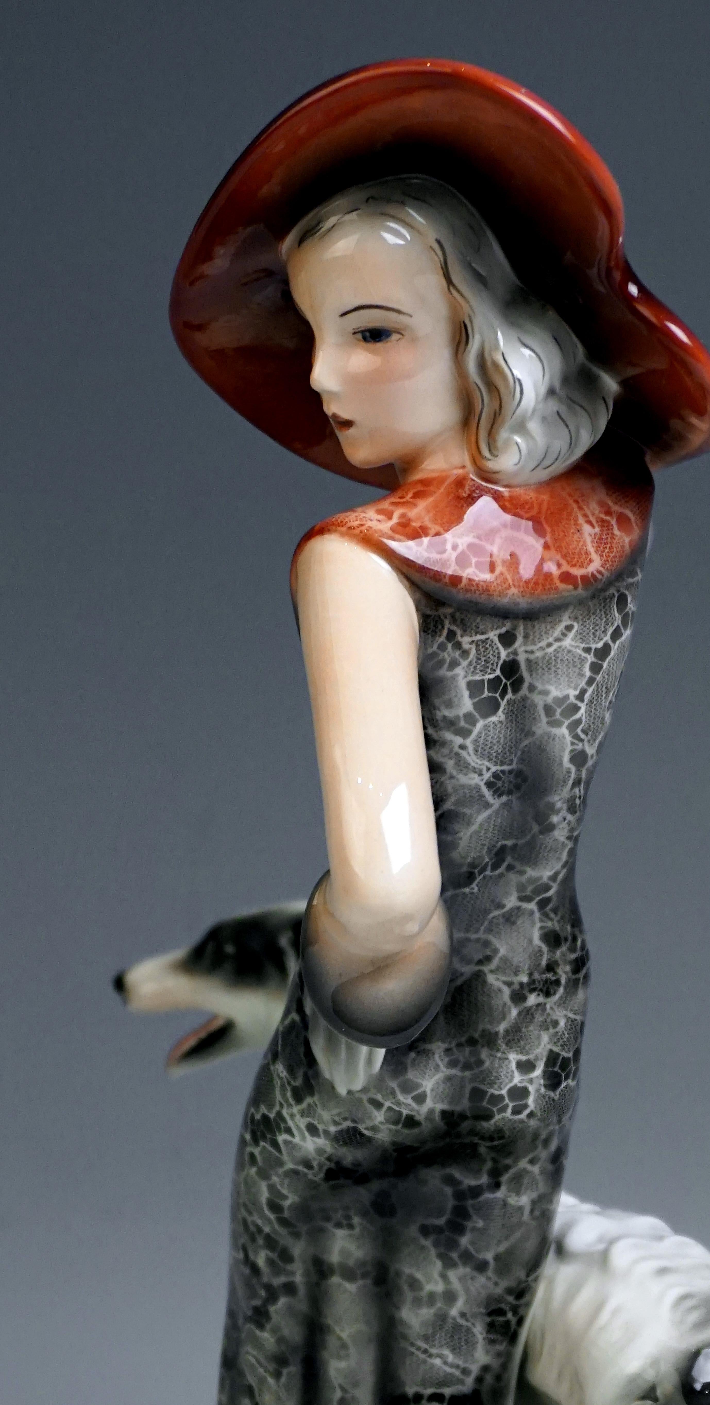 Austrian Goldscheider Figurine 'Masquerade' Lady with Barsoi by Claire Weiss, circa 1939