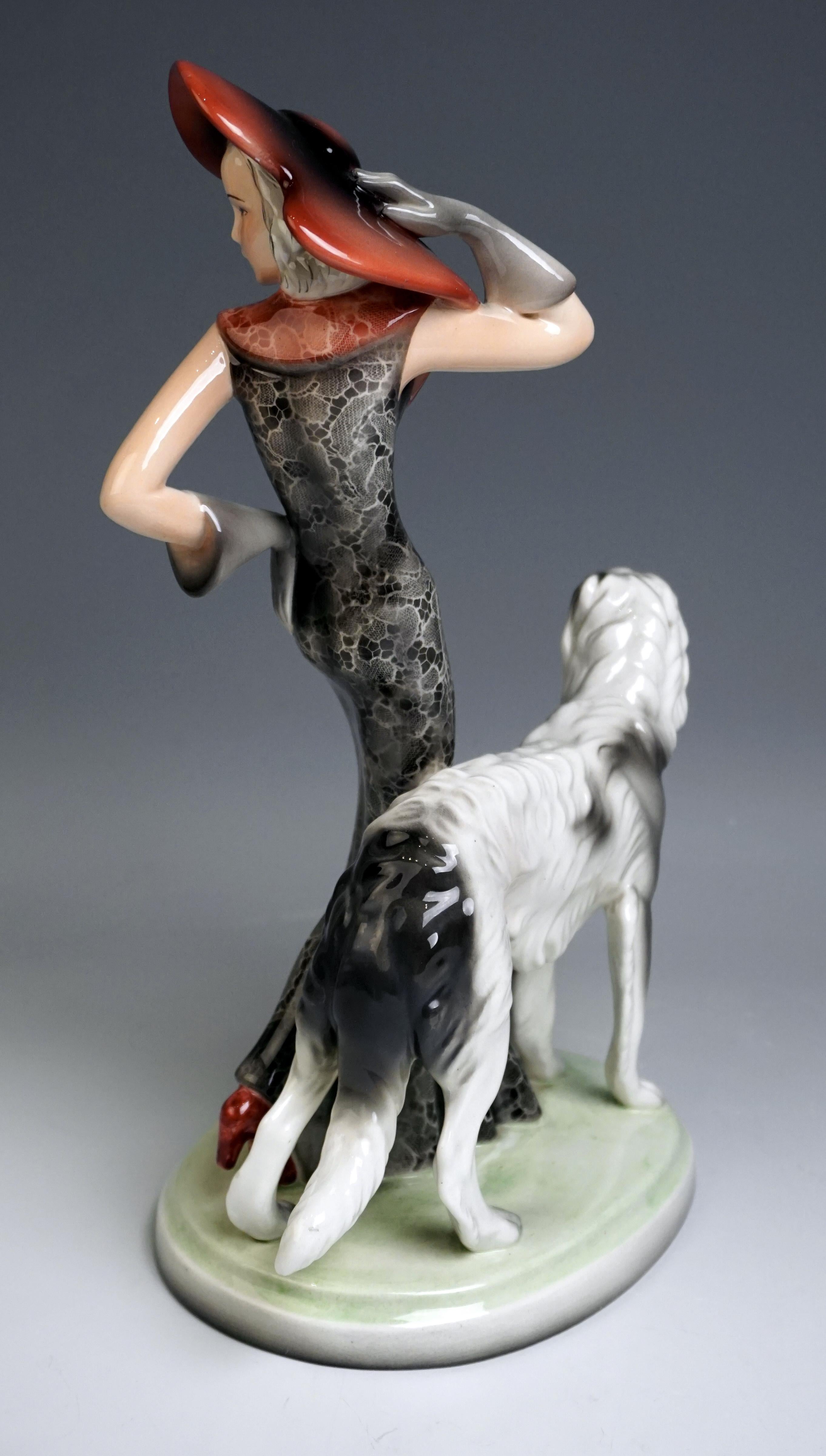 Hand-Crafted Goldscheider Figurine 'Masquerade' Lady with Barsoi by Claire Weiss, circa 1939