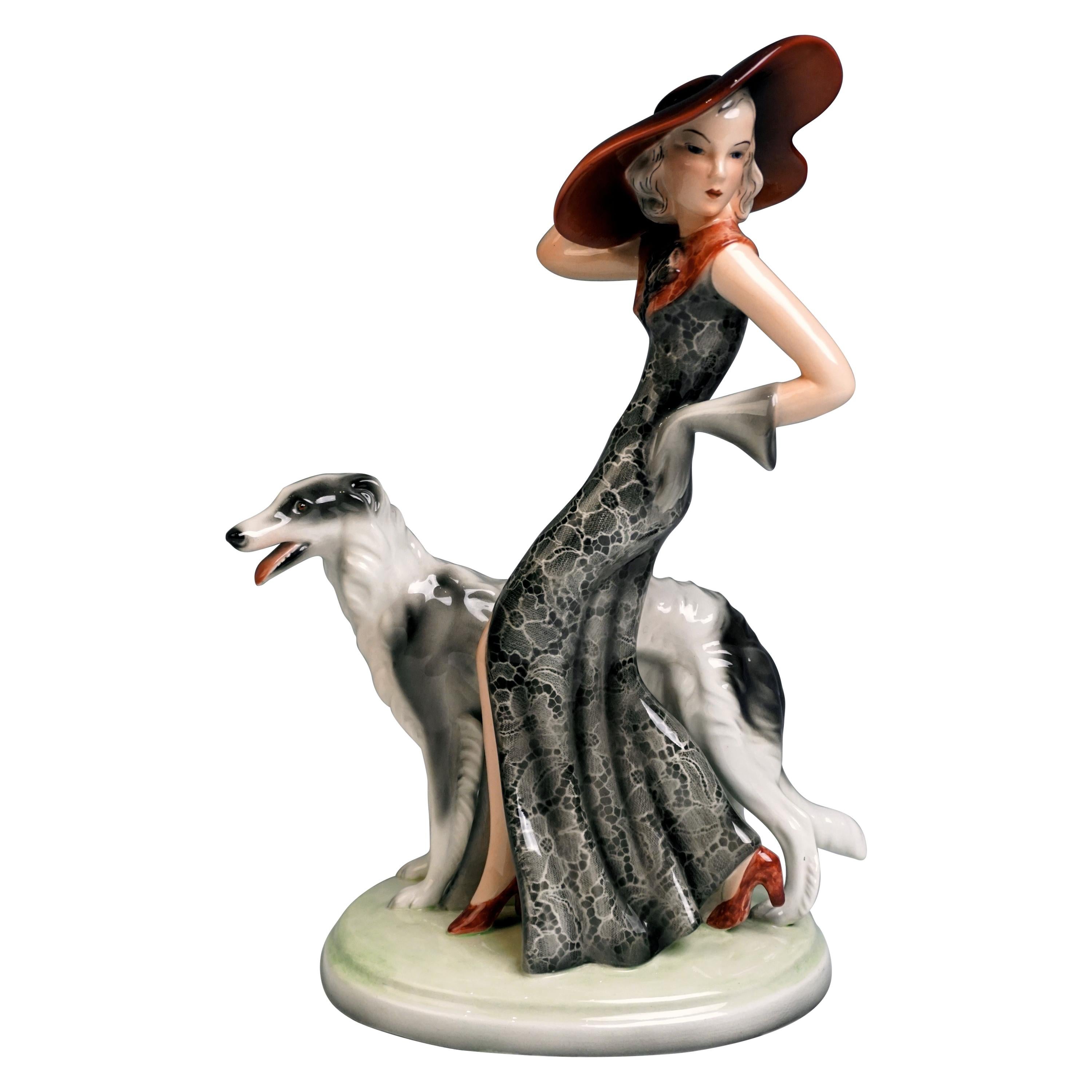 Goldscheider Figurine 'Masquerade' Lady with Barsoi by Claire Weiss, circa 1939