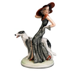 Vintage Goldscheider Figurine 'Masquerade' Lady with Barsoi by Claire Weiss, circa 1939