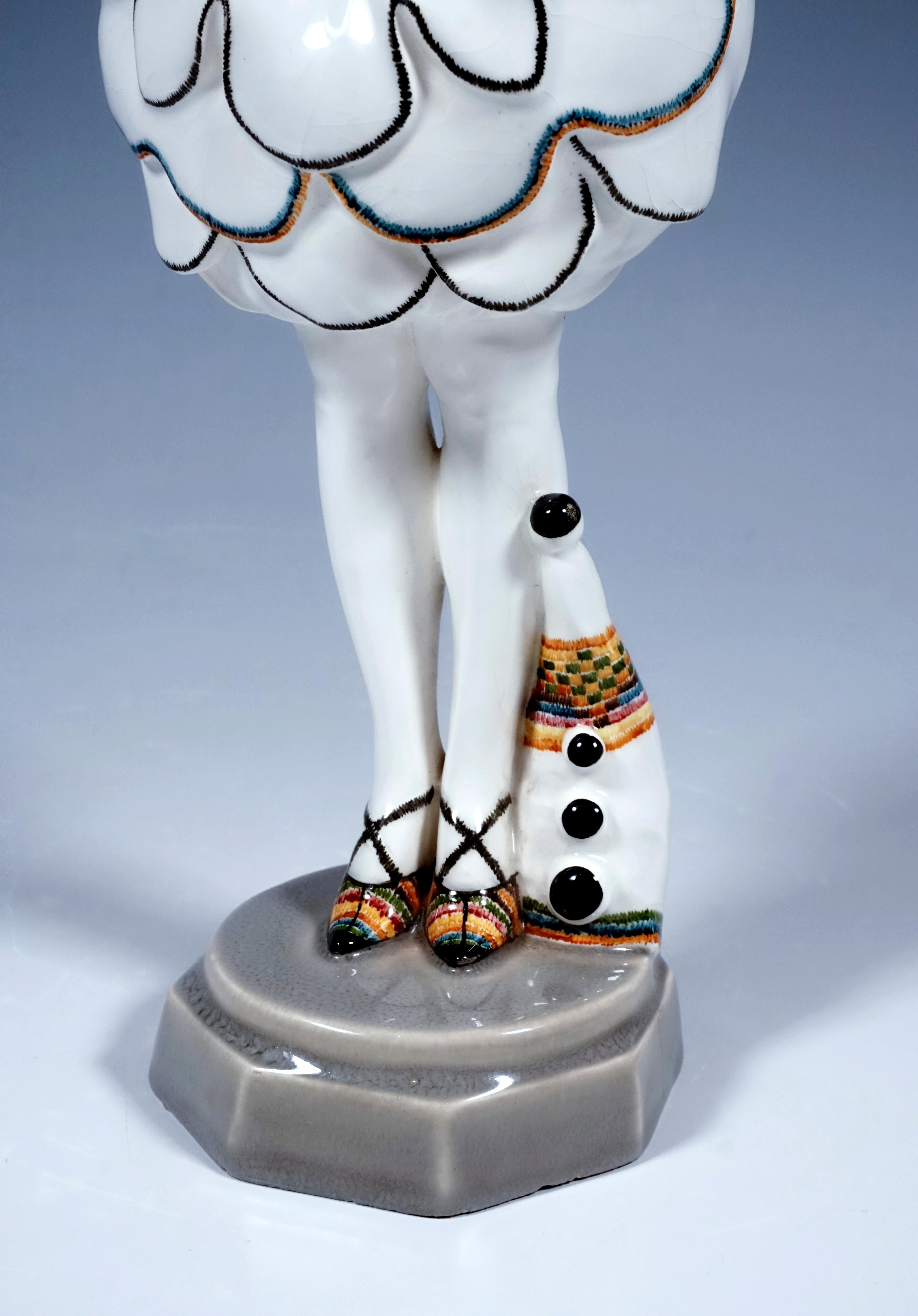 Hand-Painted Goldscheider Figurine Pierrette With Balloon Skirt by Josef Lorenzl, ca 1925 For Sale