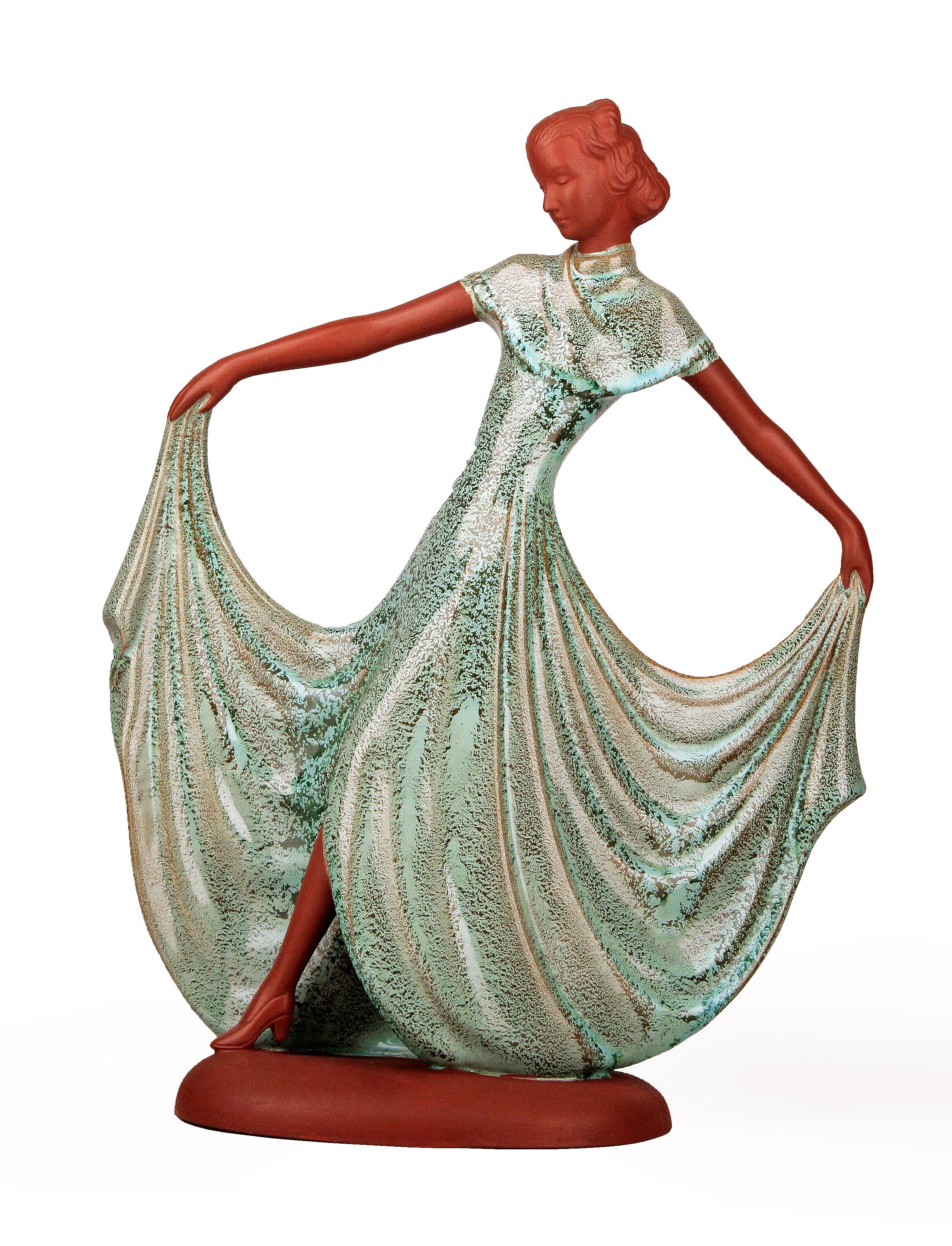 Goldscheider-like Art Déco dancing lady unglazed porcelain figurine from United Kingdom

By: Goldscheider (in the style of)
Material: ceramic, porcelain, paint
Technique: unglazed, molded, pressed, painted, hand-painted, hand-crafted
Dimensions: 4.5