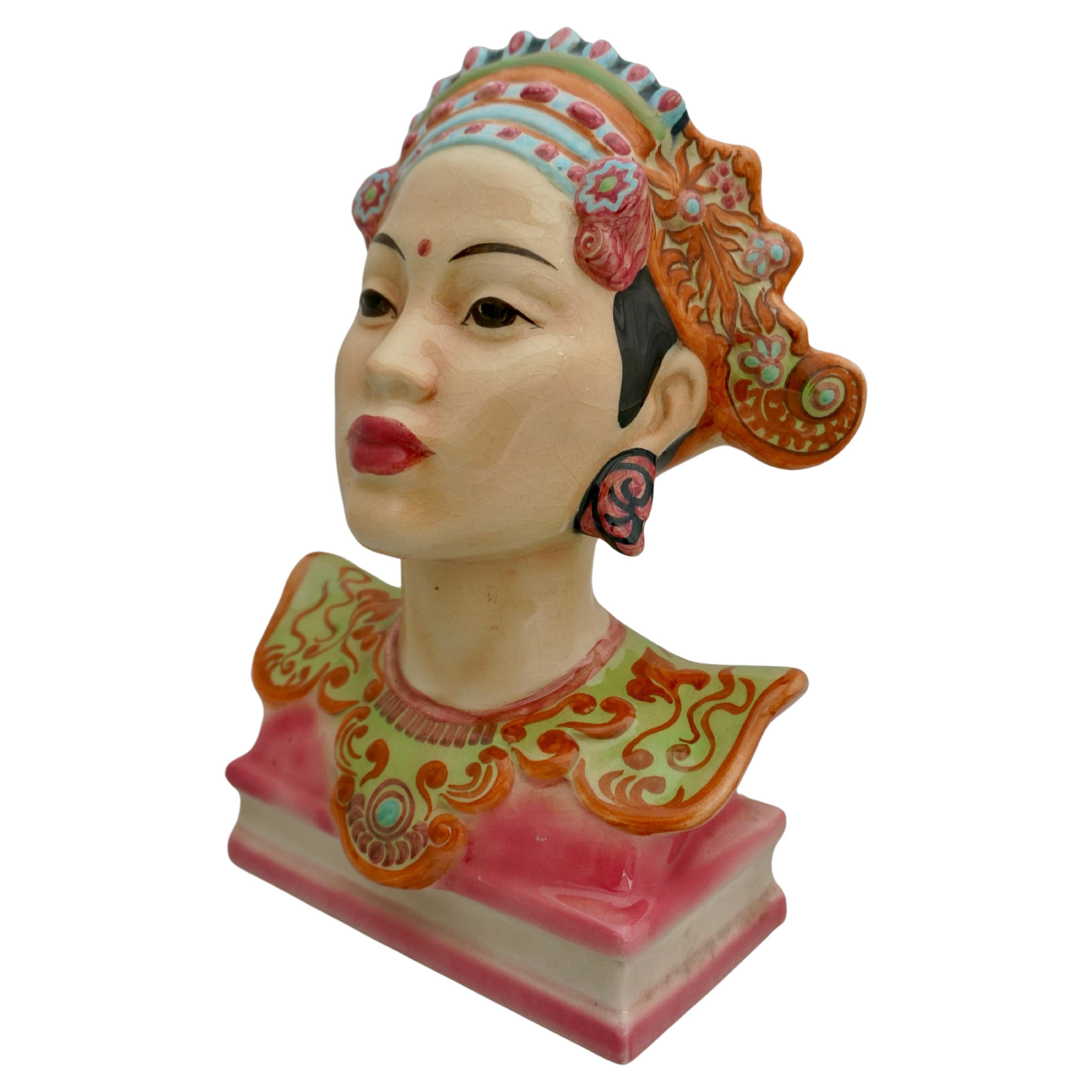 Mid-Century Modern Goldscheider Polychrome Porcelain Bust of a Balinese Dancer by Helen Liedloff For Sale