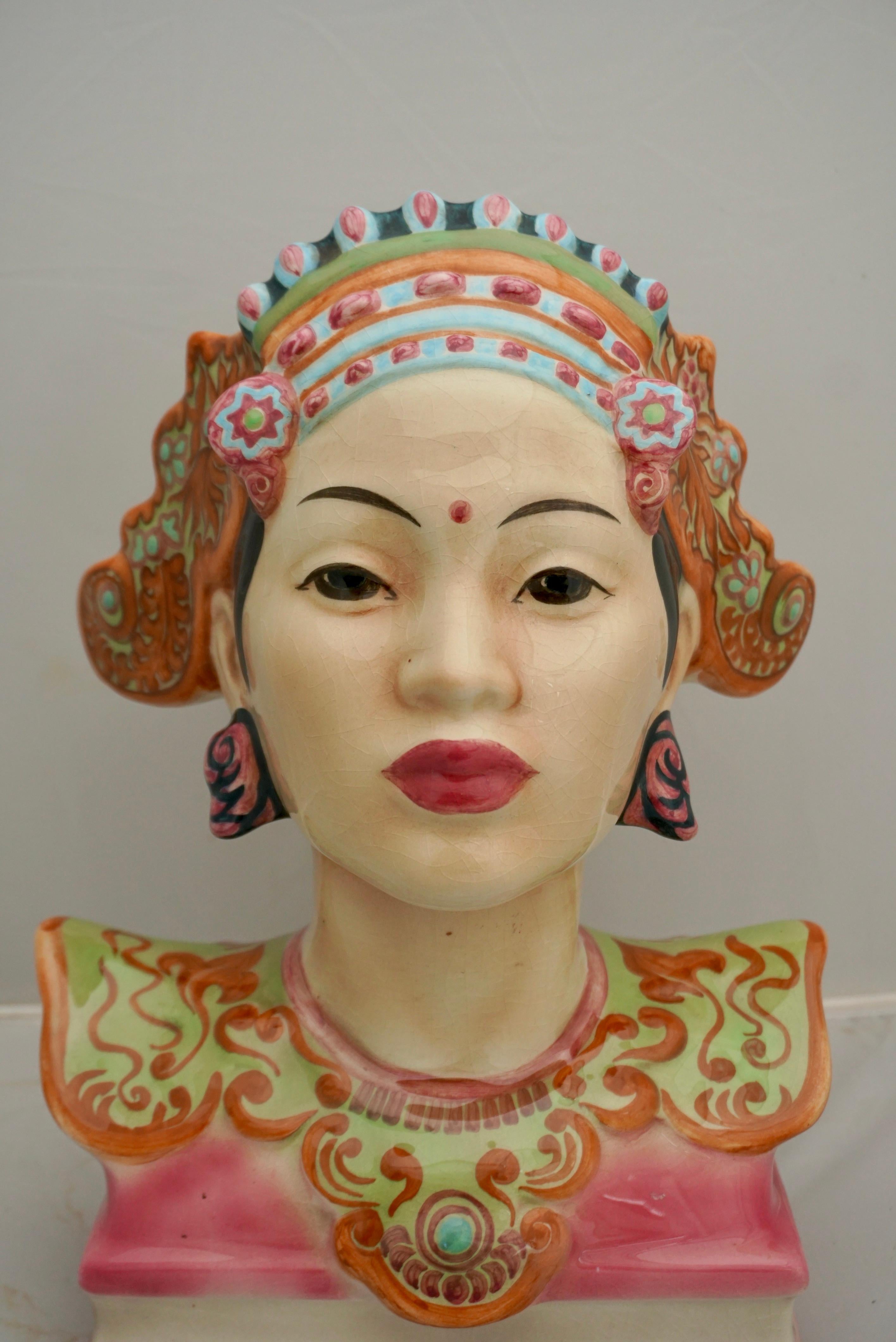 20th Century Goldscheider Polychrome Porcelain Bust of a Balinese Dancer by Helen Liedloff For Sale